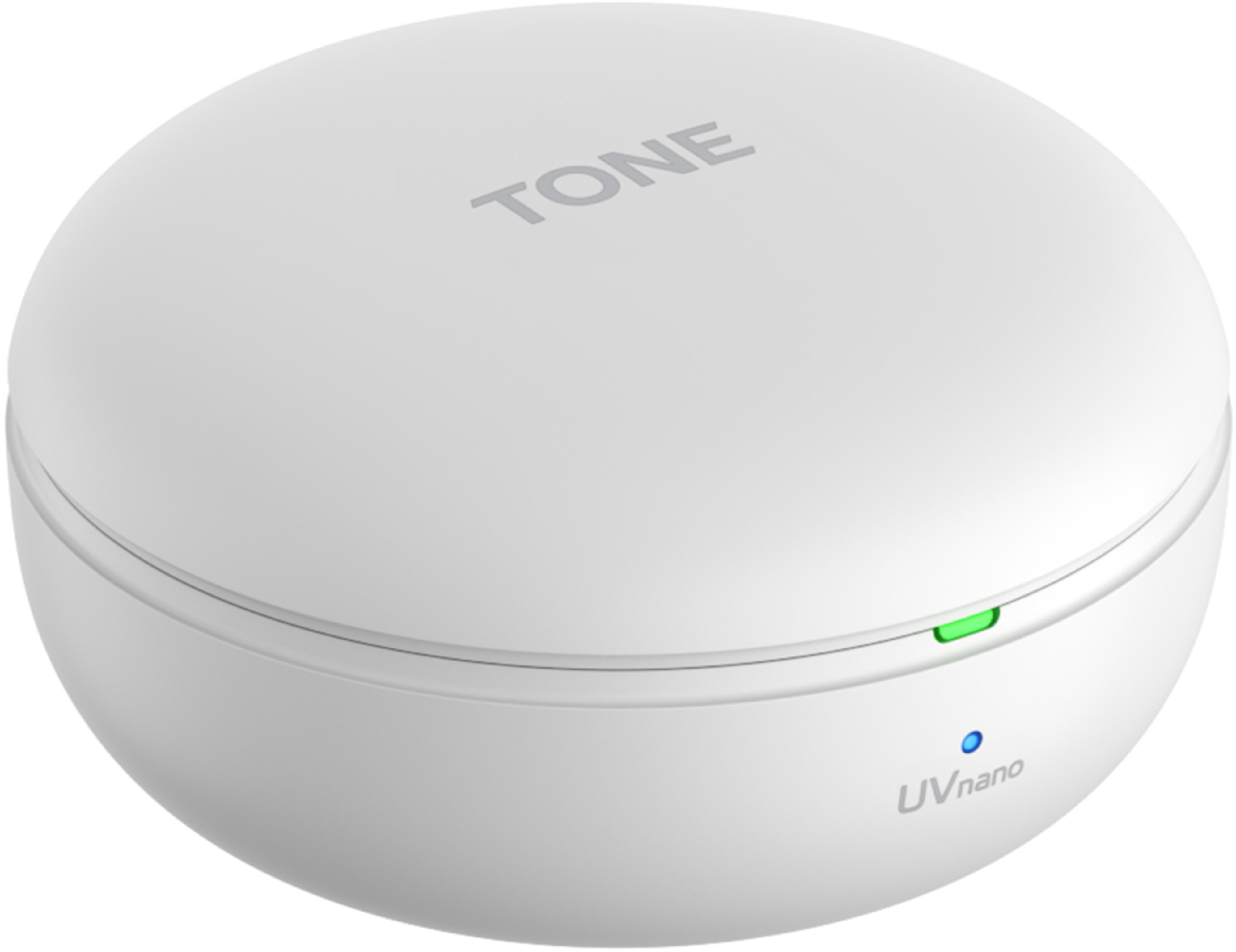 Ein weißes, rundes LG TONE UVnano-Gerät. Es hat ein grünes und ein blaues Licht.