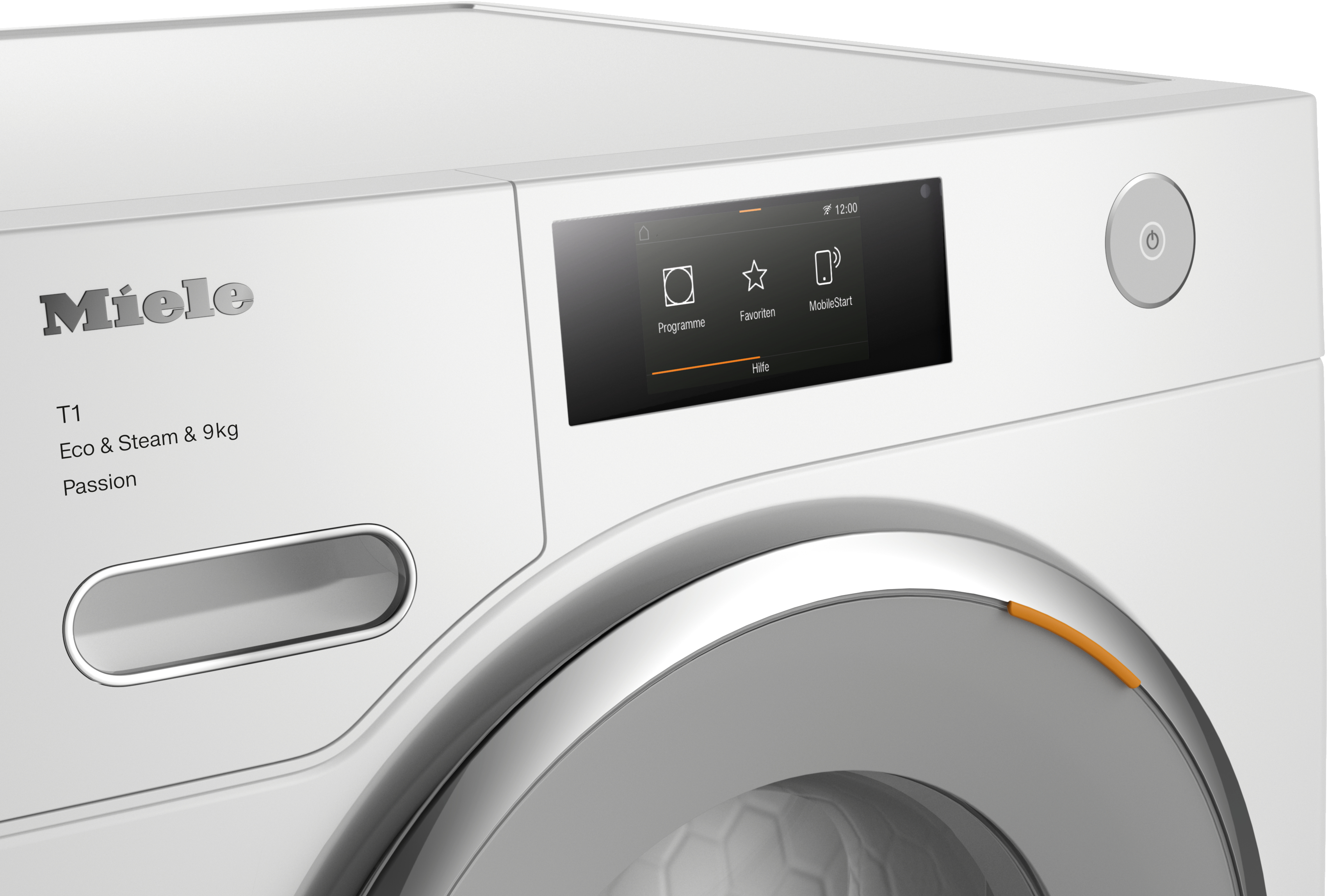 Eine weiße Miele-Waschmaschine mit digitaler Anzeige. Optionen sind zu sehen. Silberne Tür und orangefarbene Akzente.