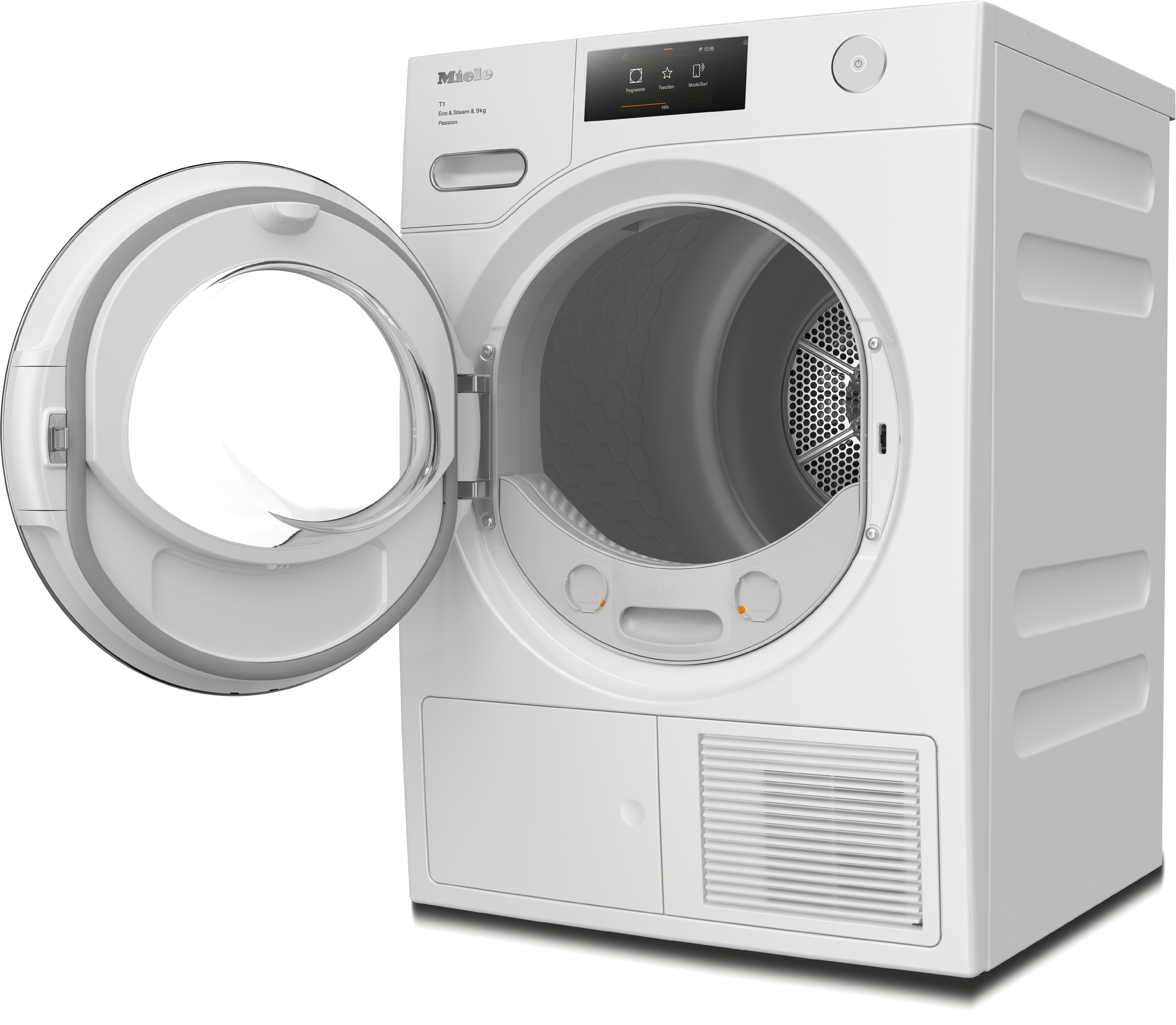 Ein weißer Miele-Trockner mit offener Tür. Der Innenraum ist sichtbar. Ein Bedienfeld und eine Power-Taste sind oben.
