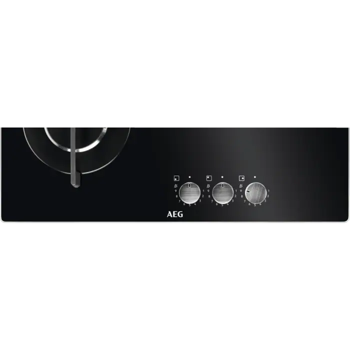 Encimera negra con logo AEG y mandos de control.