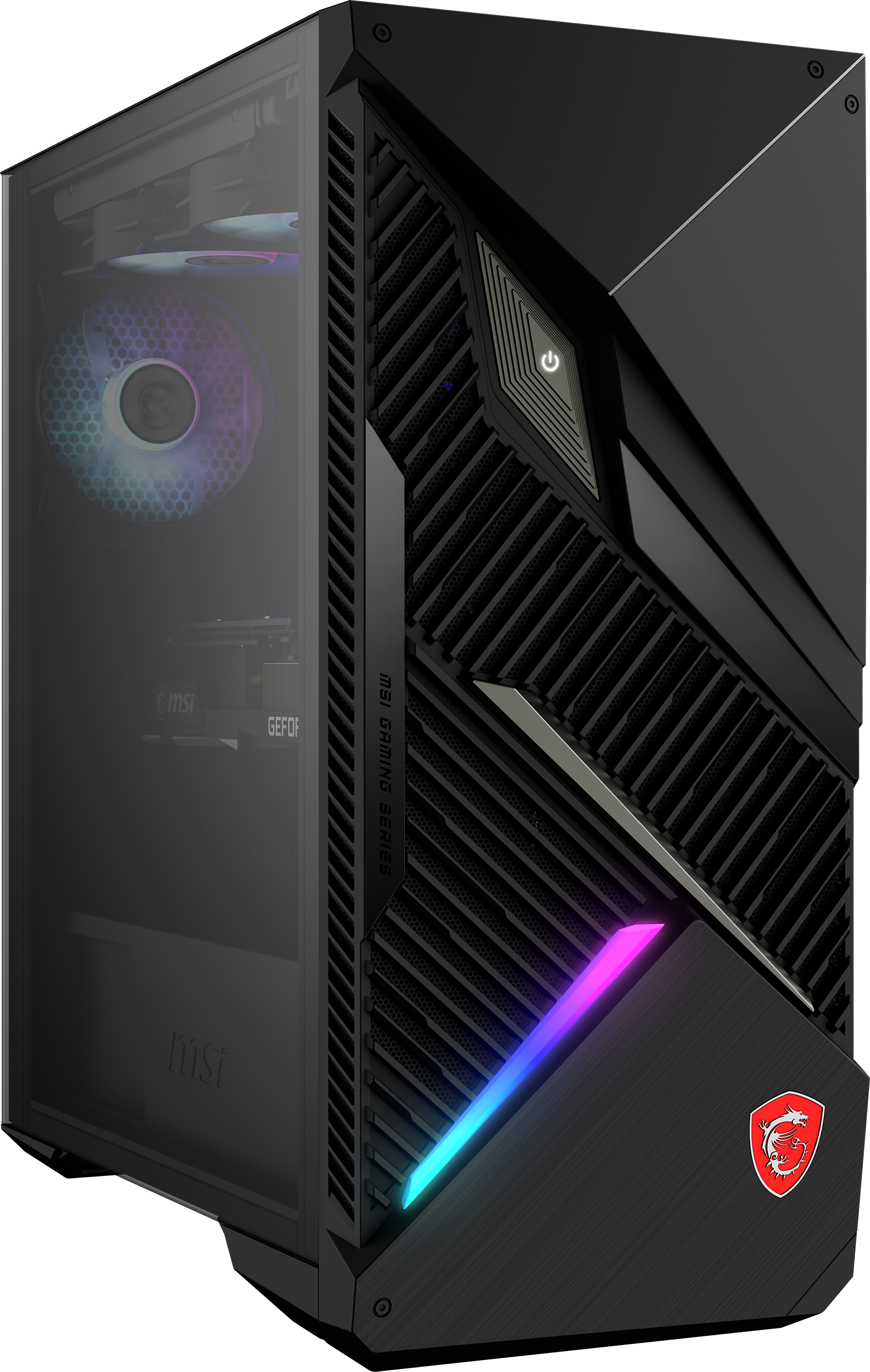 MSI Gaming PC, schwarz mit RGB-Beleuchtung, Glas-Seitenwand.