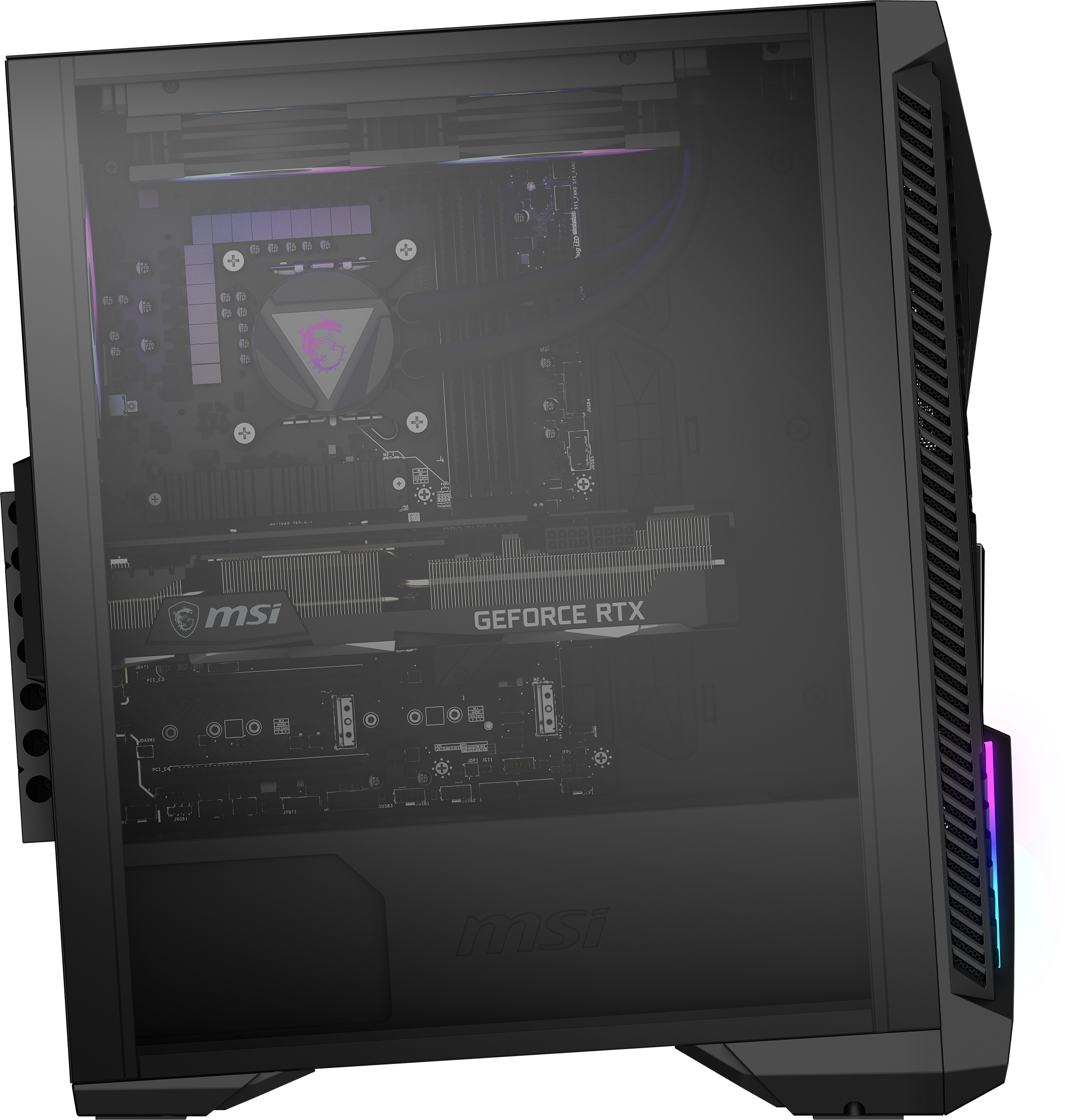 Schwarzes PC-Gehäuse mit Glas-Seitenwand, Komponenten sichtbar. MSI-Logo.