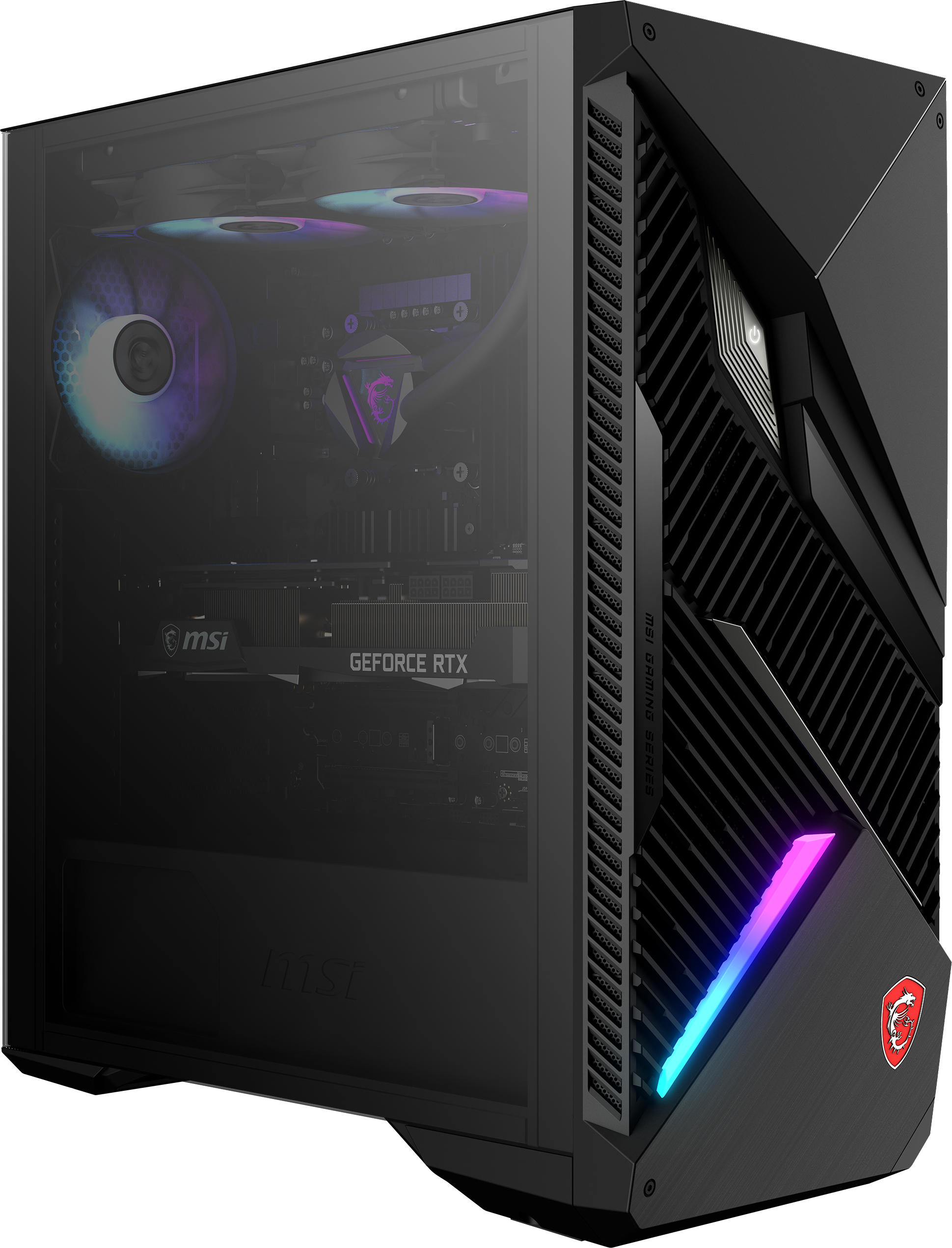Schwarzer Gaming-PC mit transparentem Seitenteil. Innenraum mit Lichtern sichtbar.