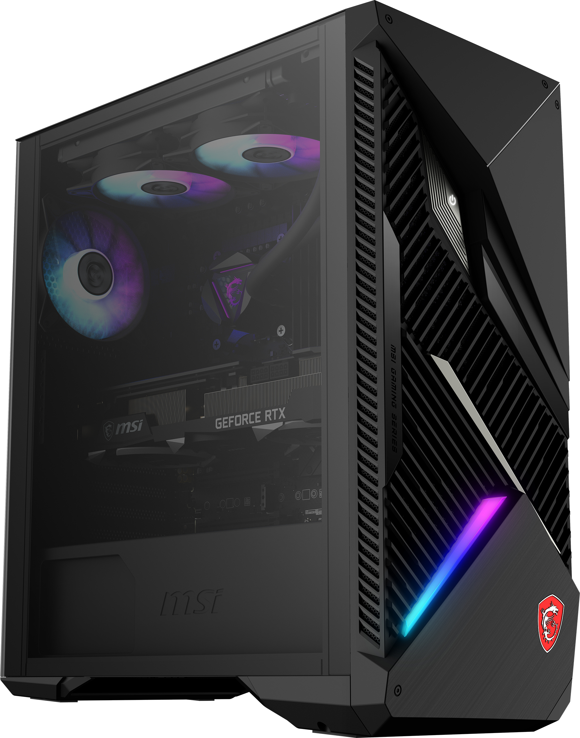 Gaming-PC mit Glas-Seitenwand, beleuchtet mit RGB-Lichtern.