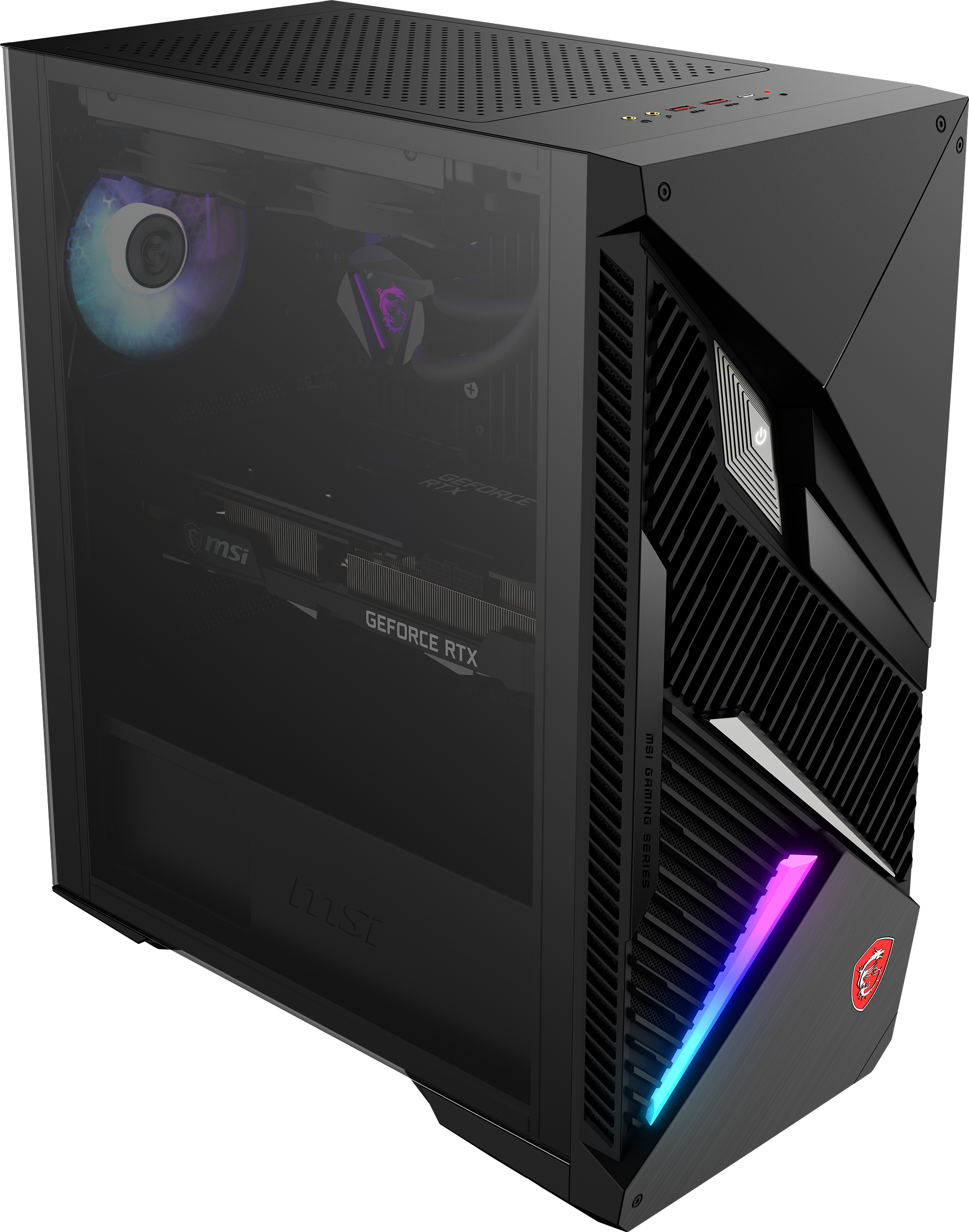 Ein schwarzes MSI Gaming-PC-Gehäuse mit Glas-Seitenwand, internen Komponenten und RGB-Beleuchtung.