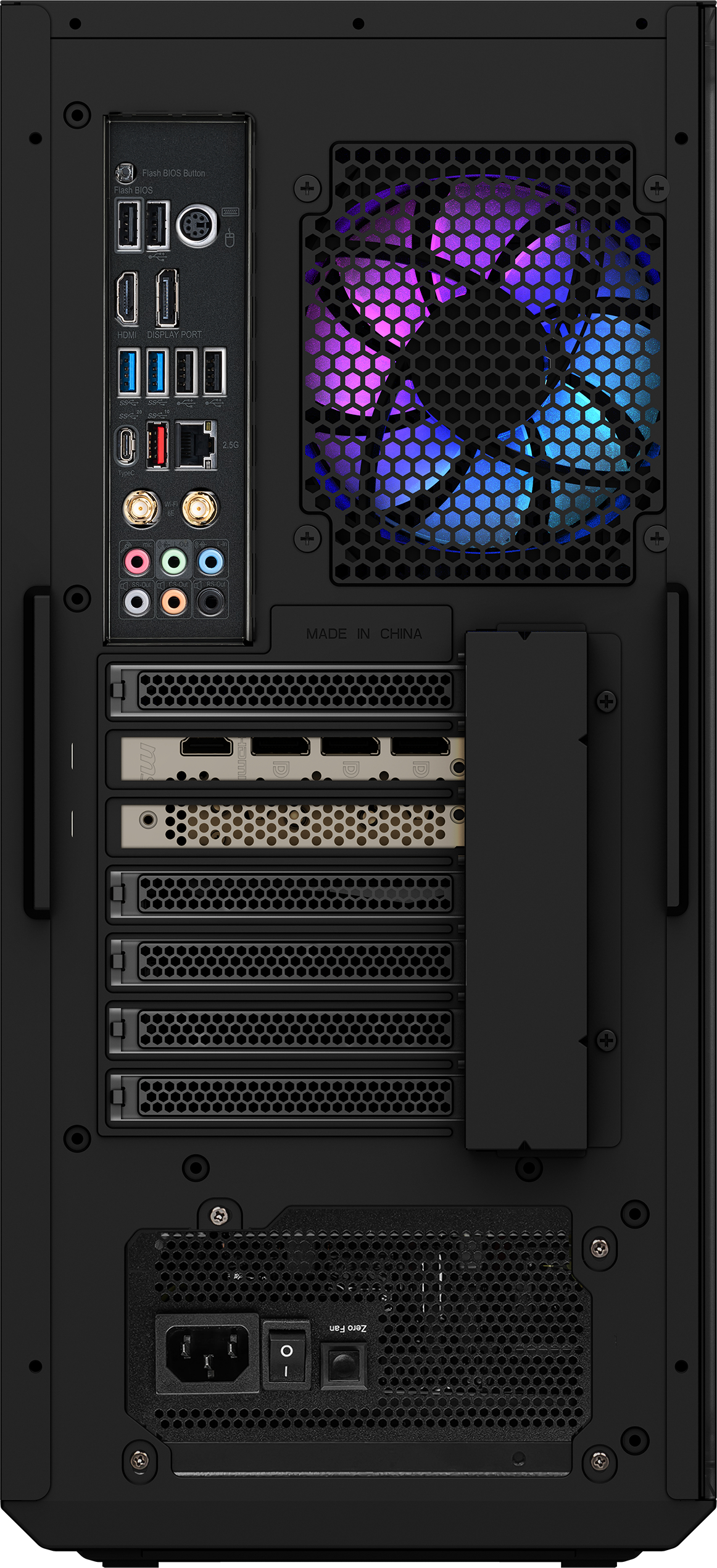 Schwarzes Computer-Turm-Rückpanel mit Anschlüssen und Lüfter mit bunten Lichtern.