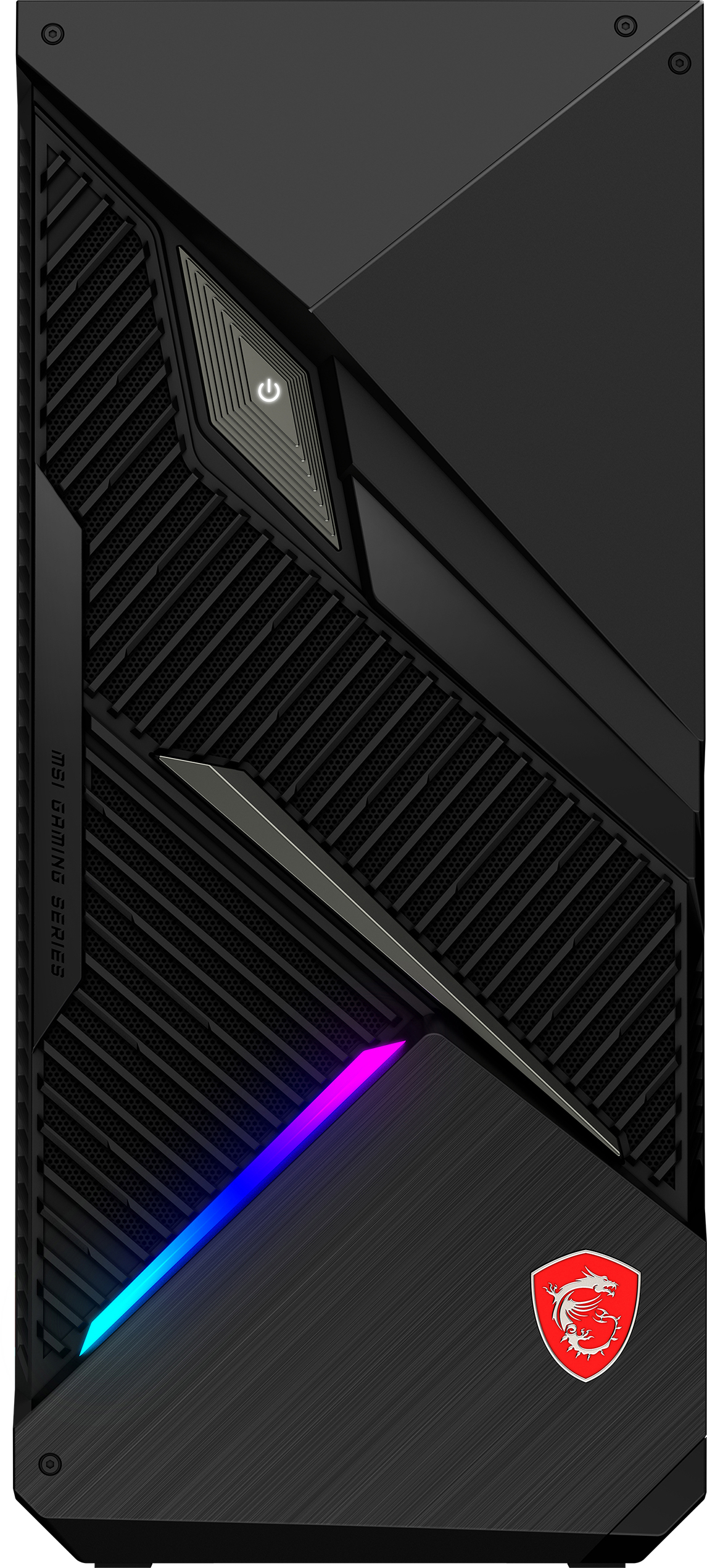 Schwarzer MSI Gaming-Desktop-Tower mit RGB-Beleuchtung.