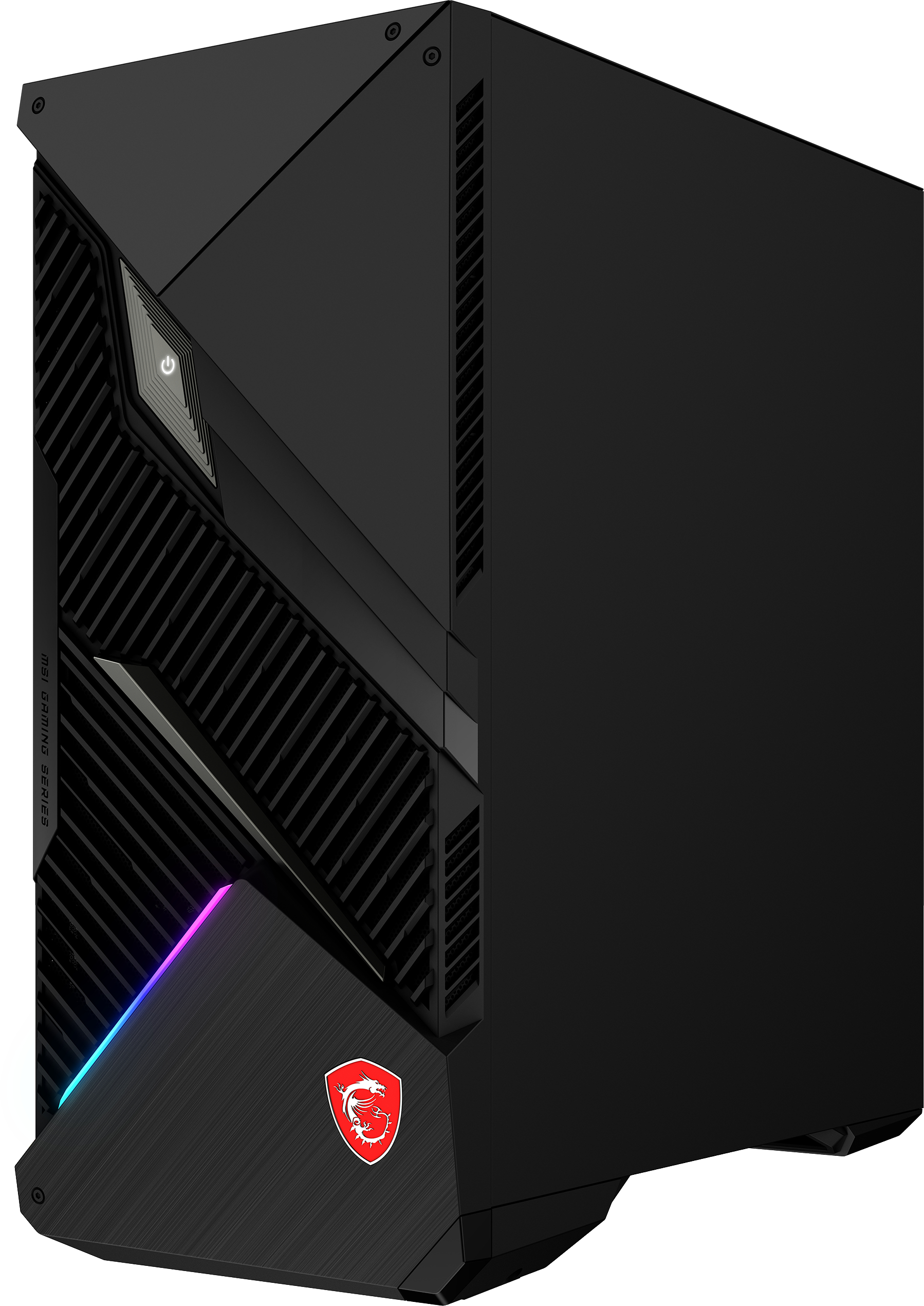 MSI Gaming-PC in Schwarz. Abgewinkeltes Design mit Lichtern und dem MSI-Logo.