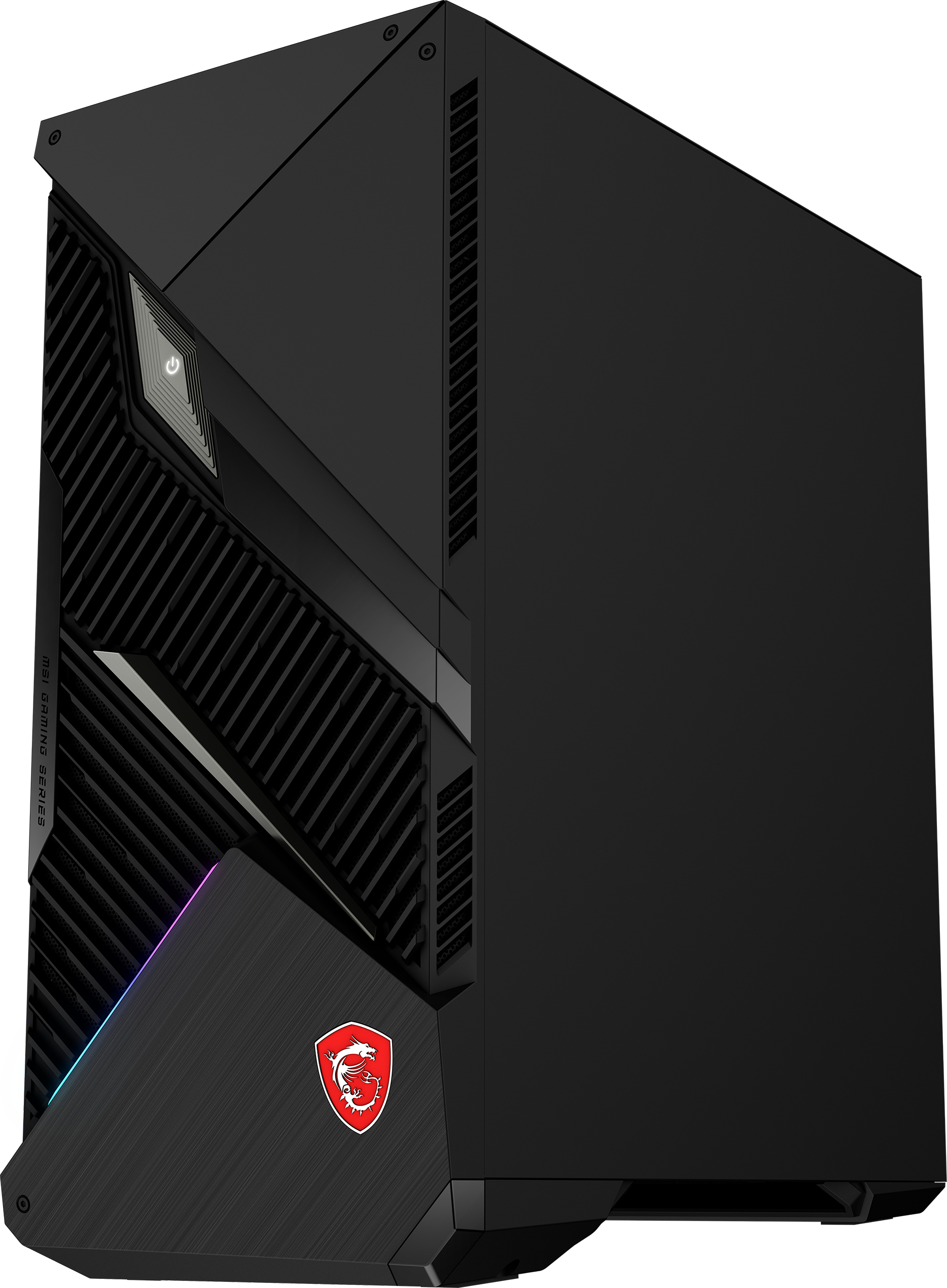Schwarzer Gaming-PC mit abgewinkelter Front. Das MSI-Logo ist auf der Vorderseite.