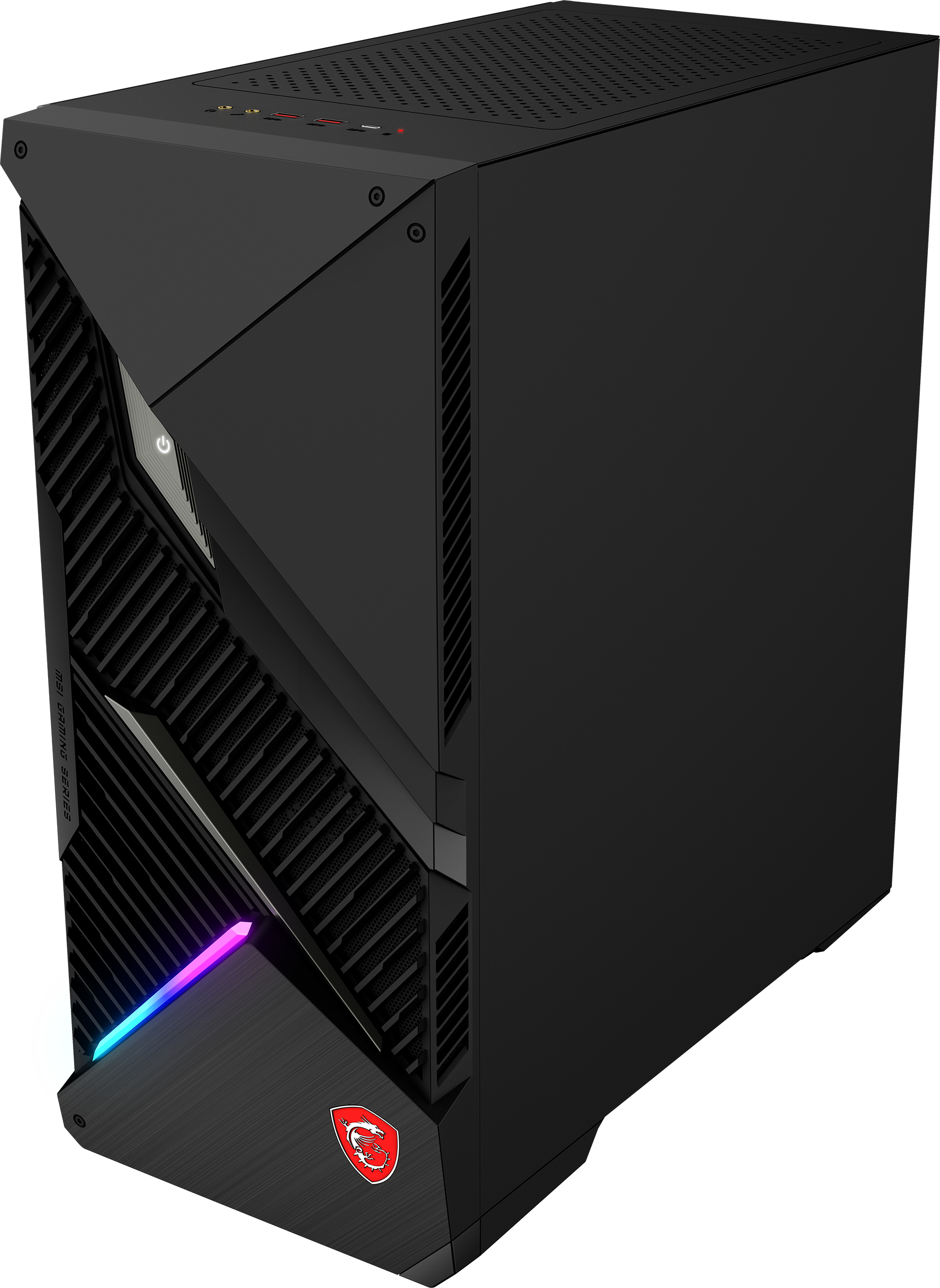 Schwarzer Computerturm mit angewinkelter Front, beleuchtet mit RGB-Lichtern und einem roten MSI-Logo. Schwarzer Hintergrund.