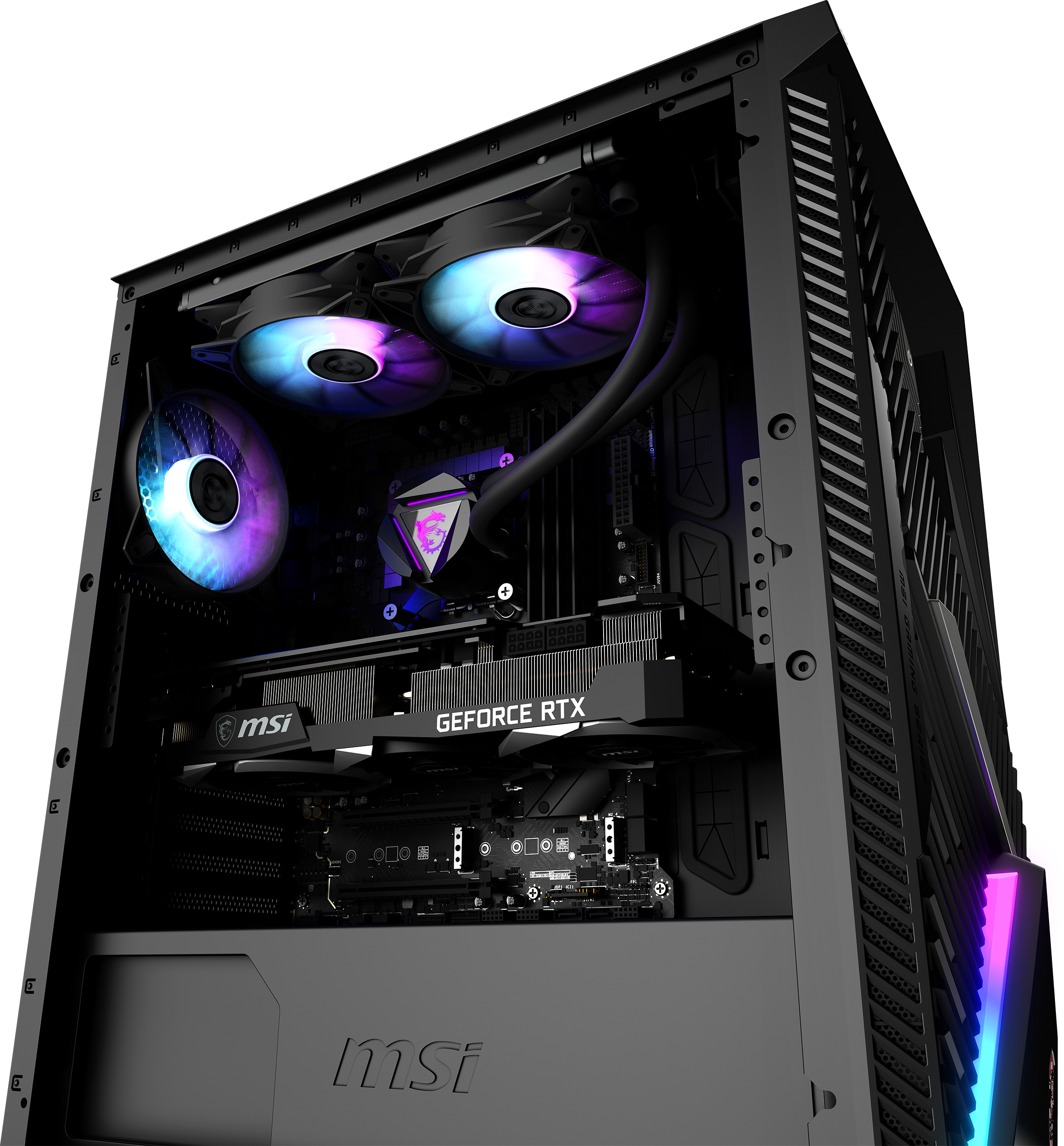 Ein offenes schwarzes MSI-Computergehäuse mit Innenkomponenten und RGB-Beleuchtung.