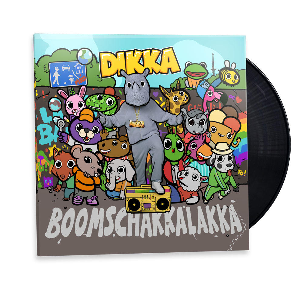 Albumcover-Artwork mit einem Nashorn und Zeichentricktieren, der Titel lautet 'Boomschakalakka'.