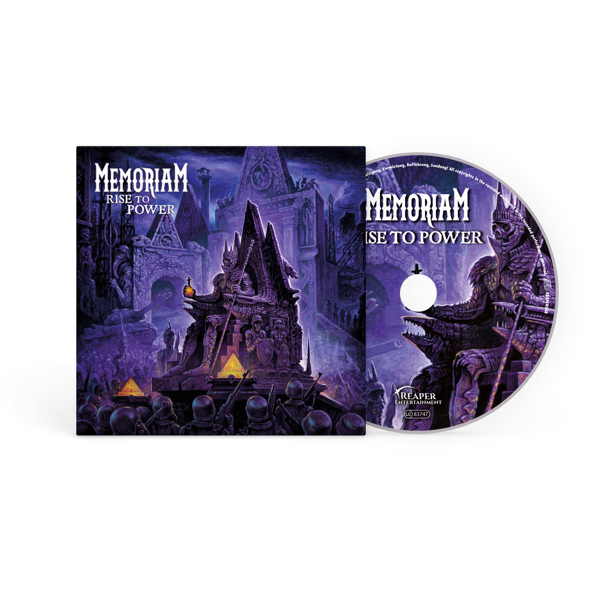 Das Cover und die CD des Albums „Rise to Power“ von Memoriam zeigen eine düstere Fantasy-Szene mit Kriegern und einer Burg.