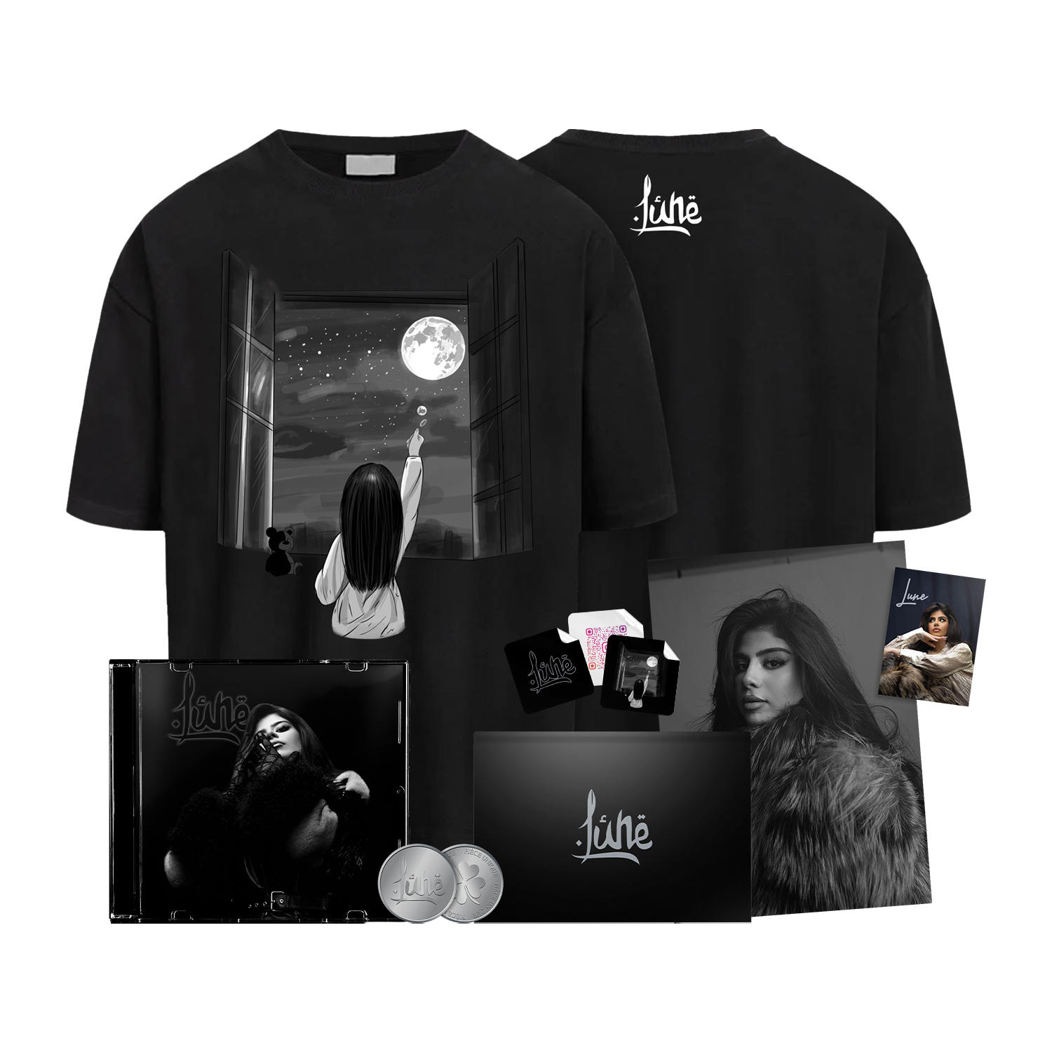 Schwarzes T-Shirt mit Mädchen- und Mondgrafik. Album, Karten und Münzen werden ebenfalls angezeigt. Schwarzes Thema.