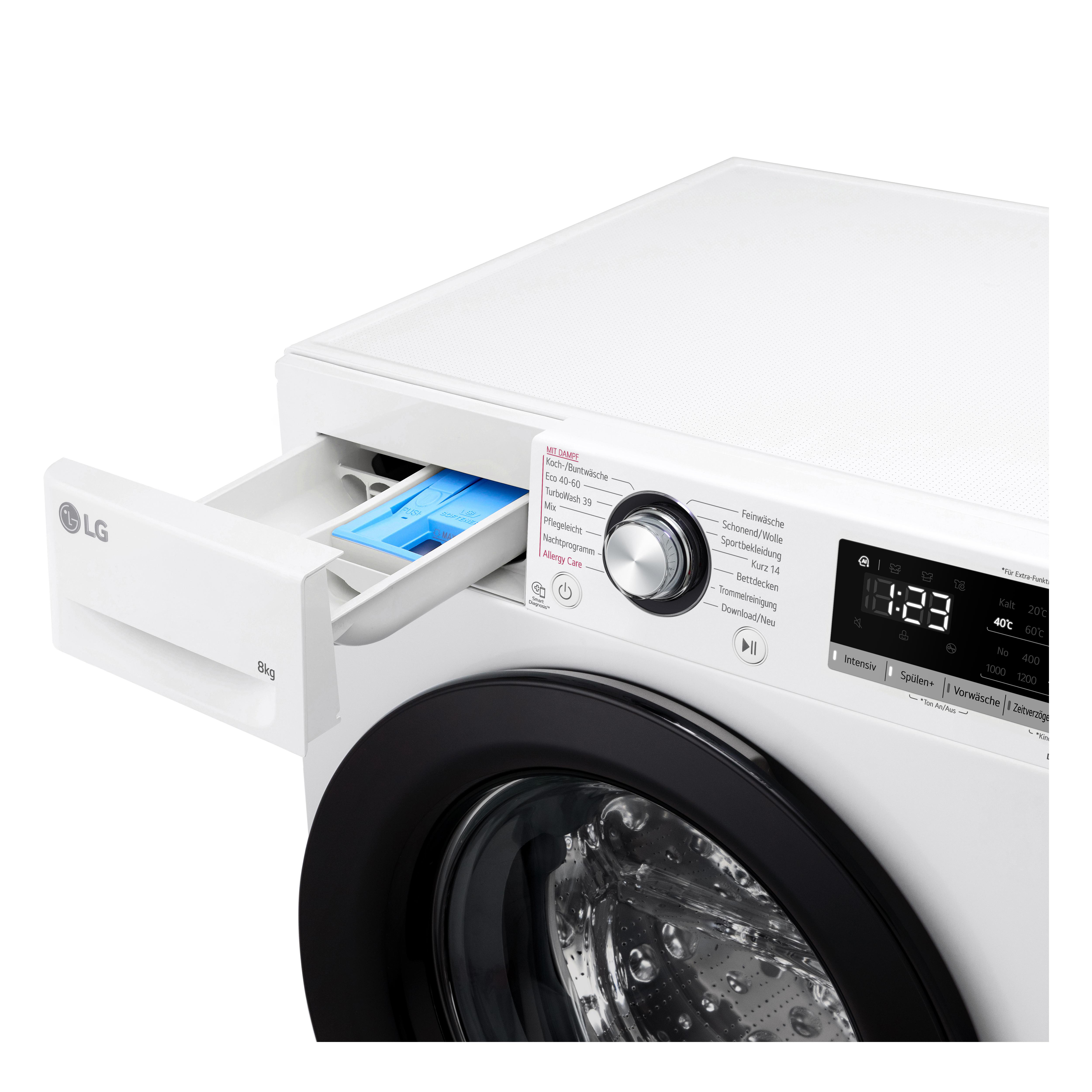 Weiße Waschmaschine mit offener Waschmittelschublade und Bedienfeld mit Display.