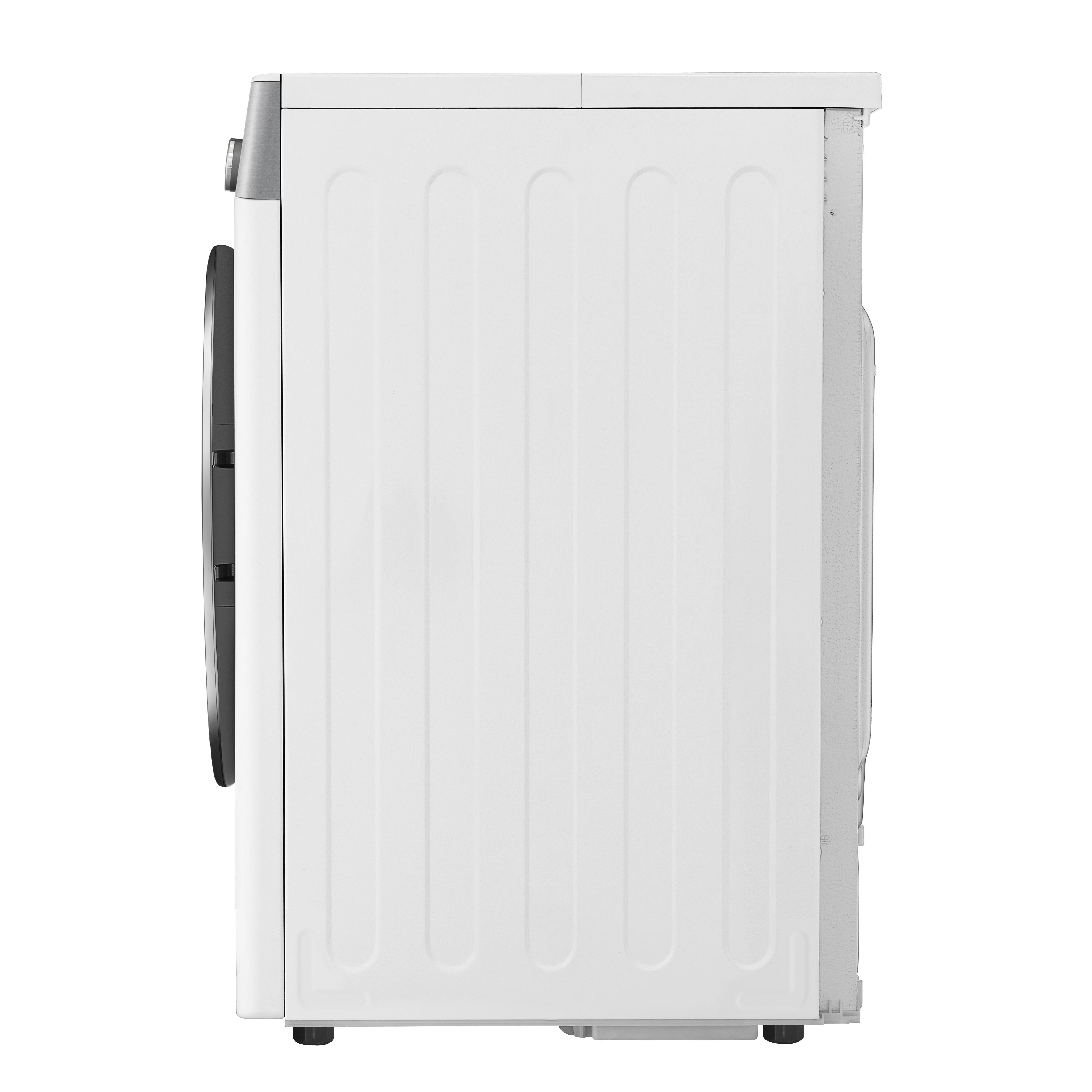 Weiße Waschmaschine, Seitenansicht, sauberes und schlichtes Design, freigestellt auf Weiß.
