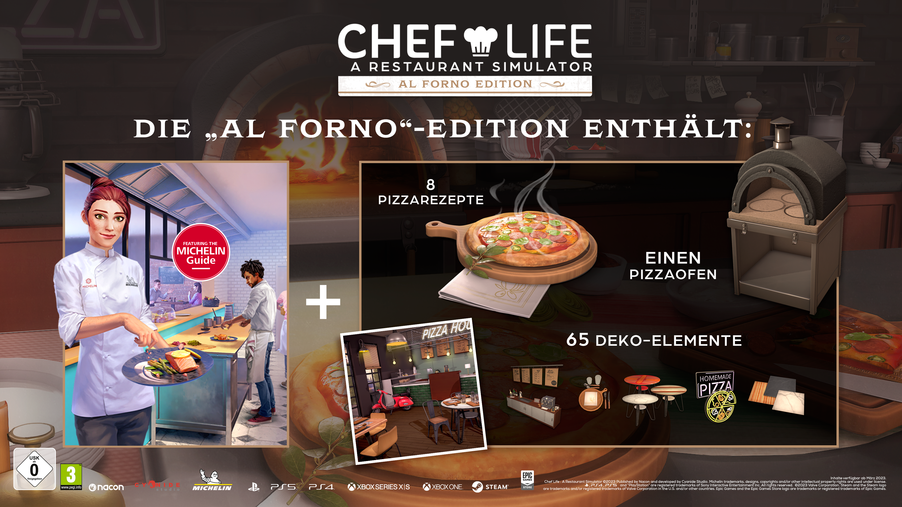 Eine Chef Life Spielbox mit dem Al Forno Edition Inhalt: Pizzarezepte, Ofen und 65 Deko-Elemente.