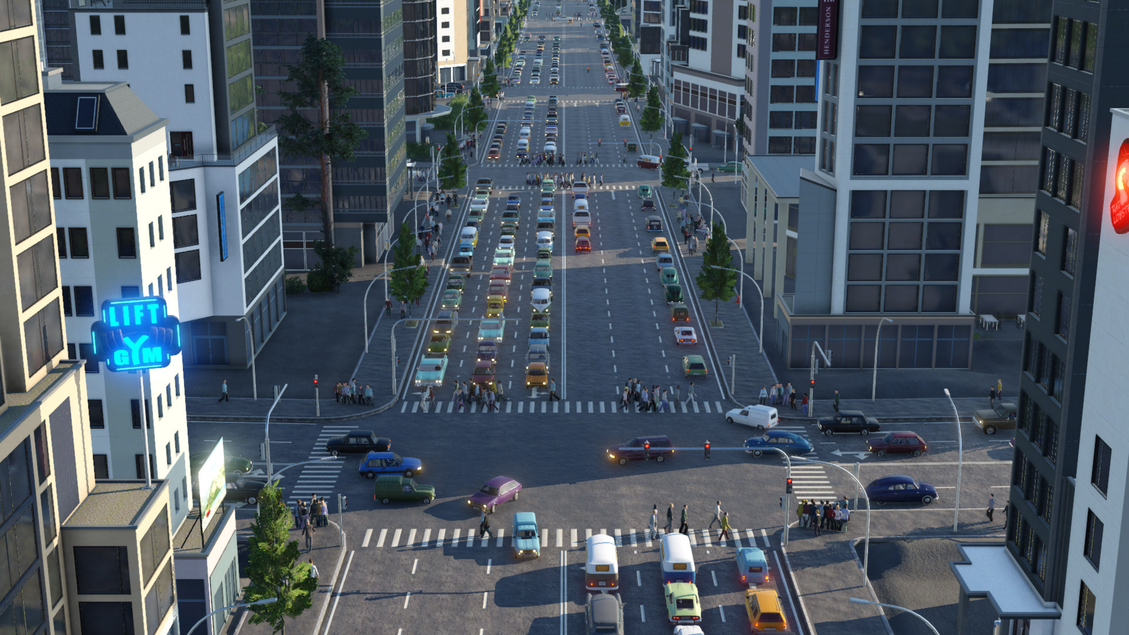 Stadtlandschaft mit belebter Straße, Autos, Gebäuden und Menschen. Luftaufnahme.
