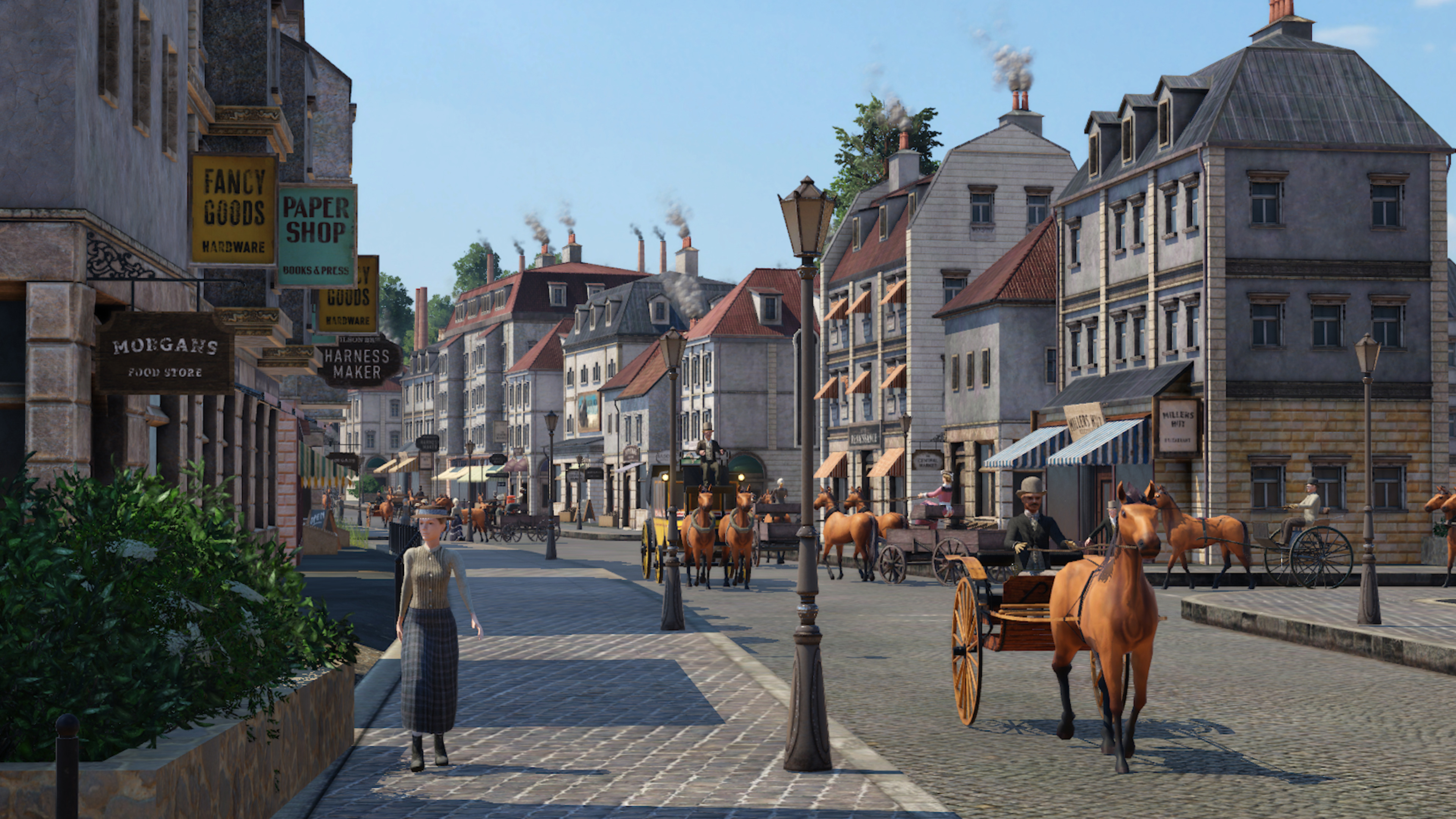 Straßenszene mit Pferdekutschen, Gebäuden und Menschen aus vergangenen Zeiten.