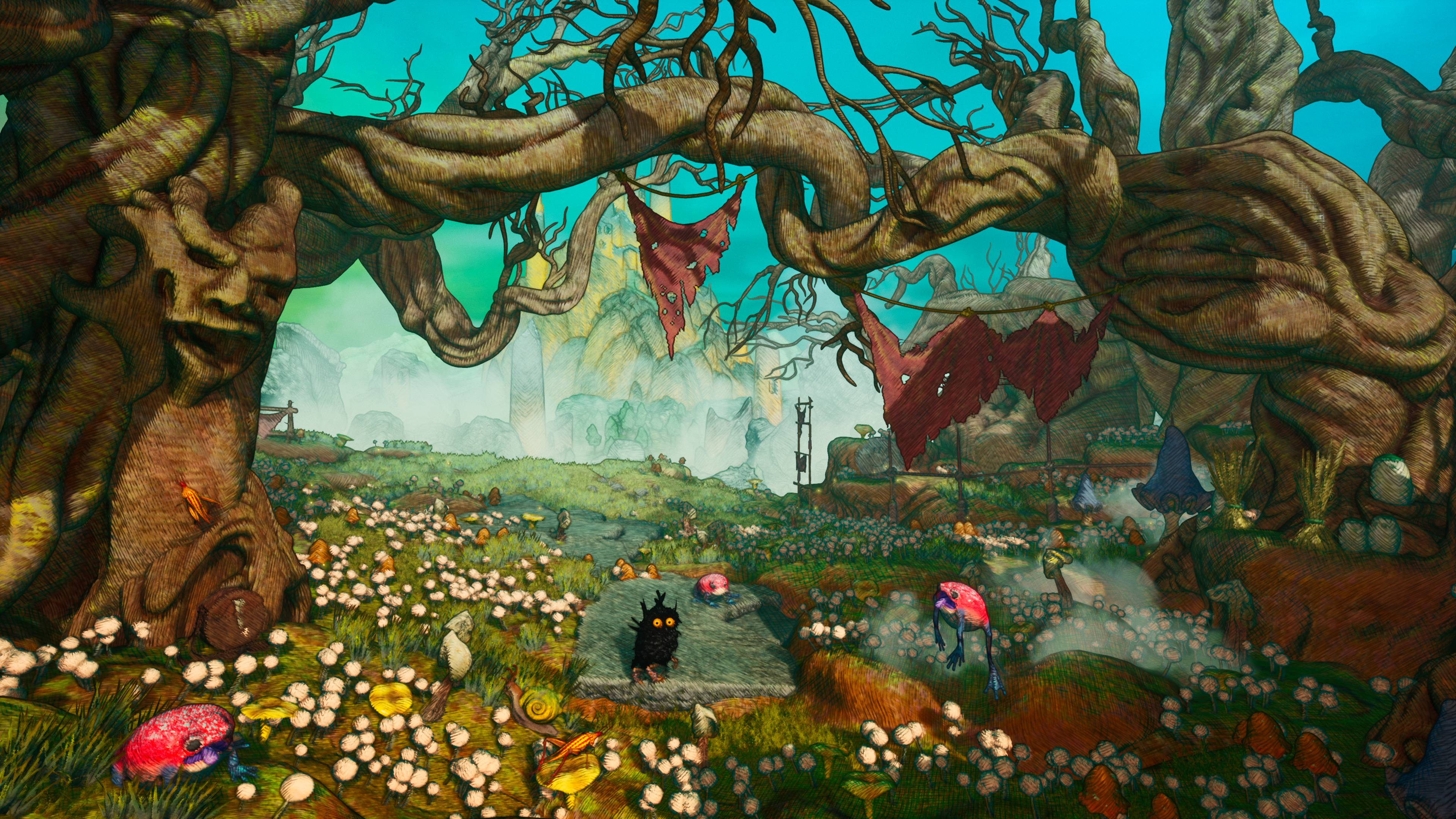 Fantasielandschaft mit großem Baum und Kreaturen. Bunte Szene mit Himmel und Bergen.