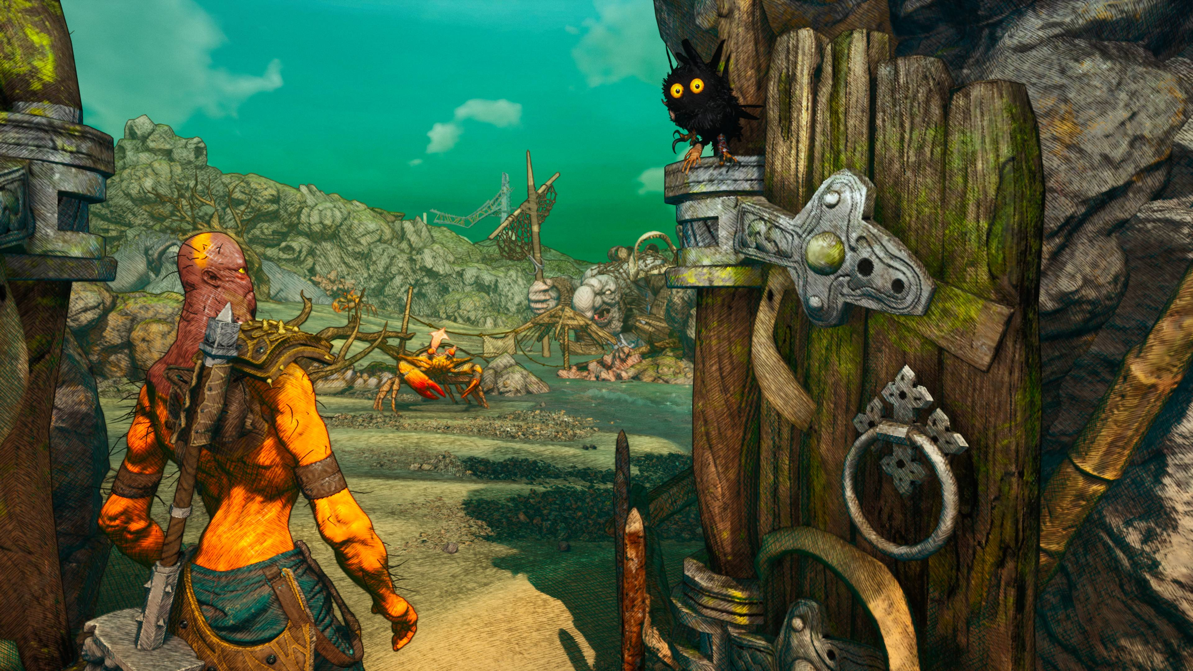 Mann steht und schaut einen Krebs in der Nähe einer Holztür mit einer Eule oben an; Landschaft im Hintergrund.
