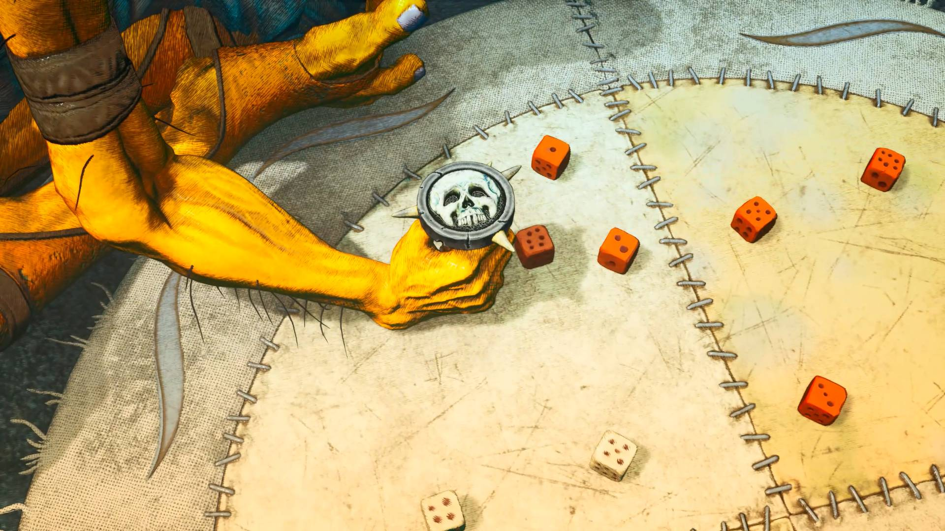 Fantasie-Spielszene: Würfel auf einem Spielbrett mit Totenkopf-Design.