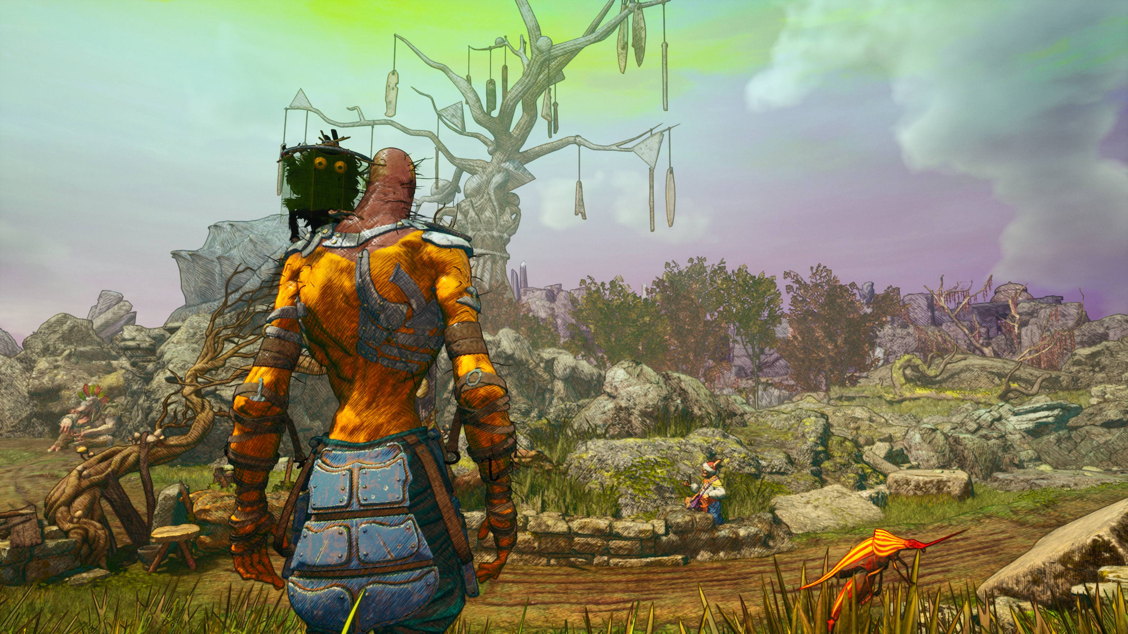 Eine Figur in einer Fantasieszene mit Baum und Landschaft. Der Hintergrund ist bunt.