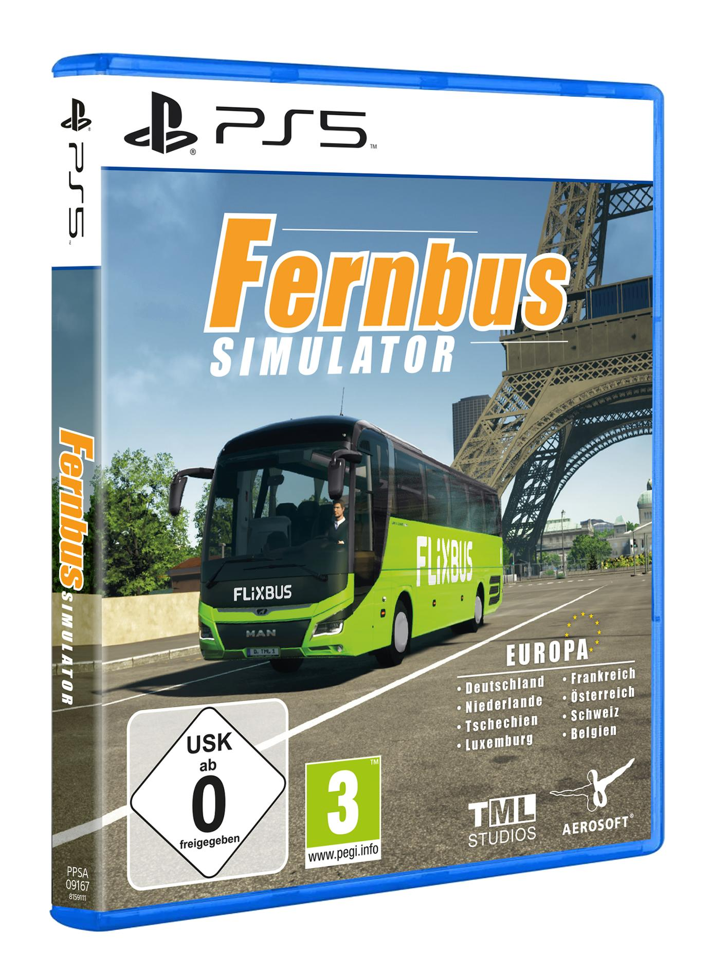 PS5-Spielbox für Fernbus Simulator. Zeigt einen Bus, der vor dem Eiffelturm fährt.