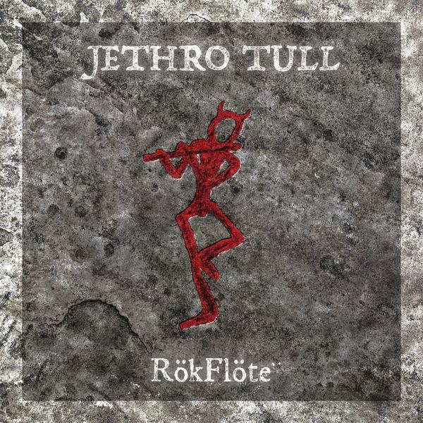Albumcover. Eine rote Strichfigur spielt Flöte auf grauem Stein.