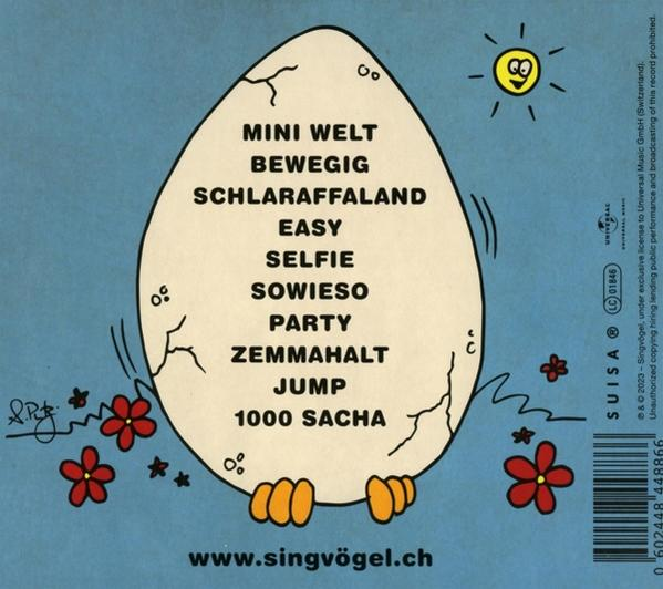 Cartoon-Ei mit Text, Blumen und Sonne auf hellblauem Hintergrund.