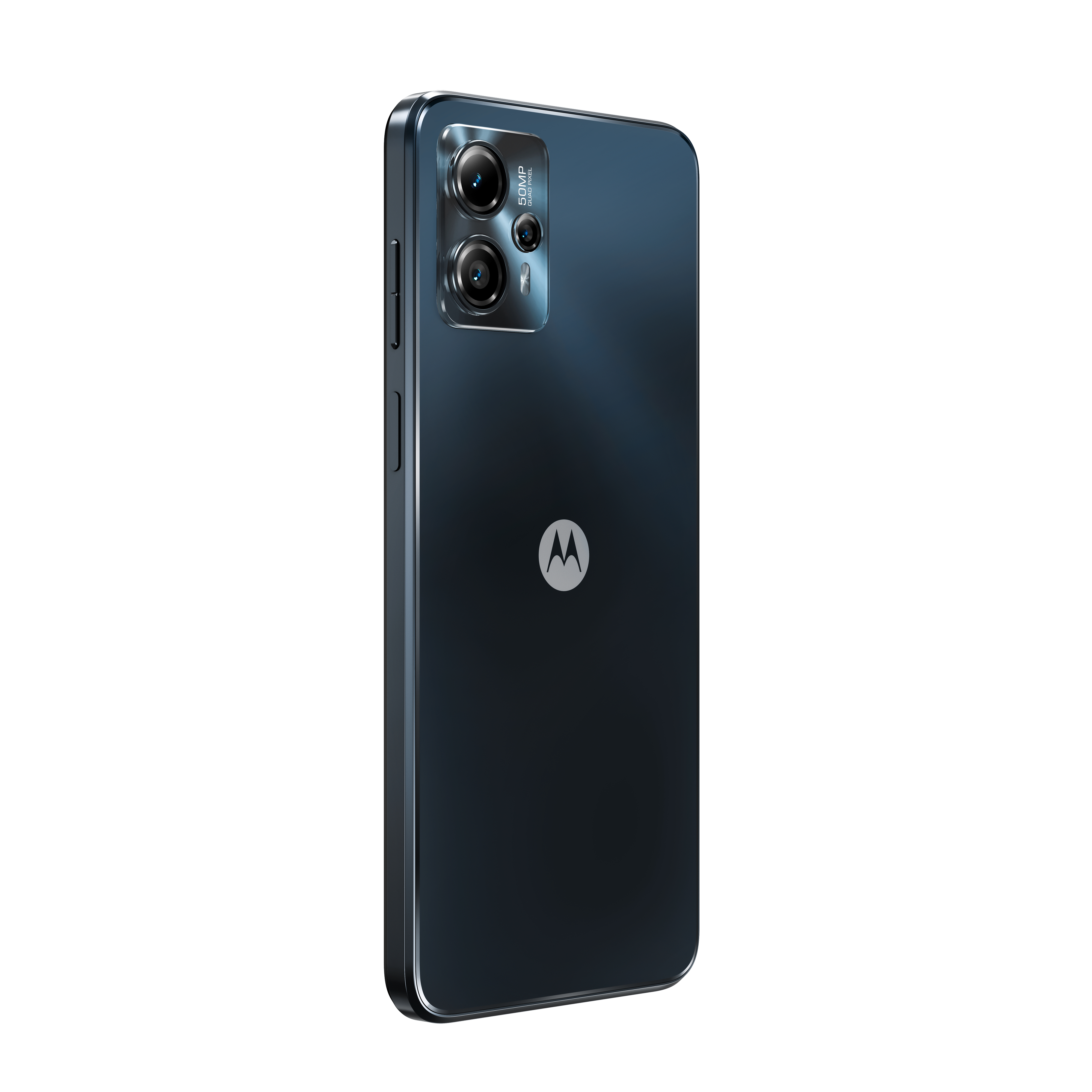 Dunkelblaues Motorola-Telefon, Rückansicht. Kamera und Logo sichtbar.