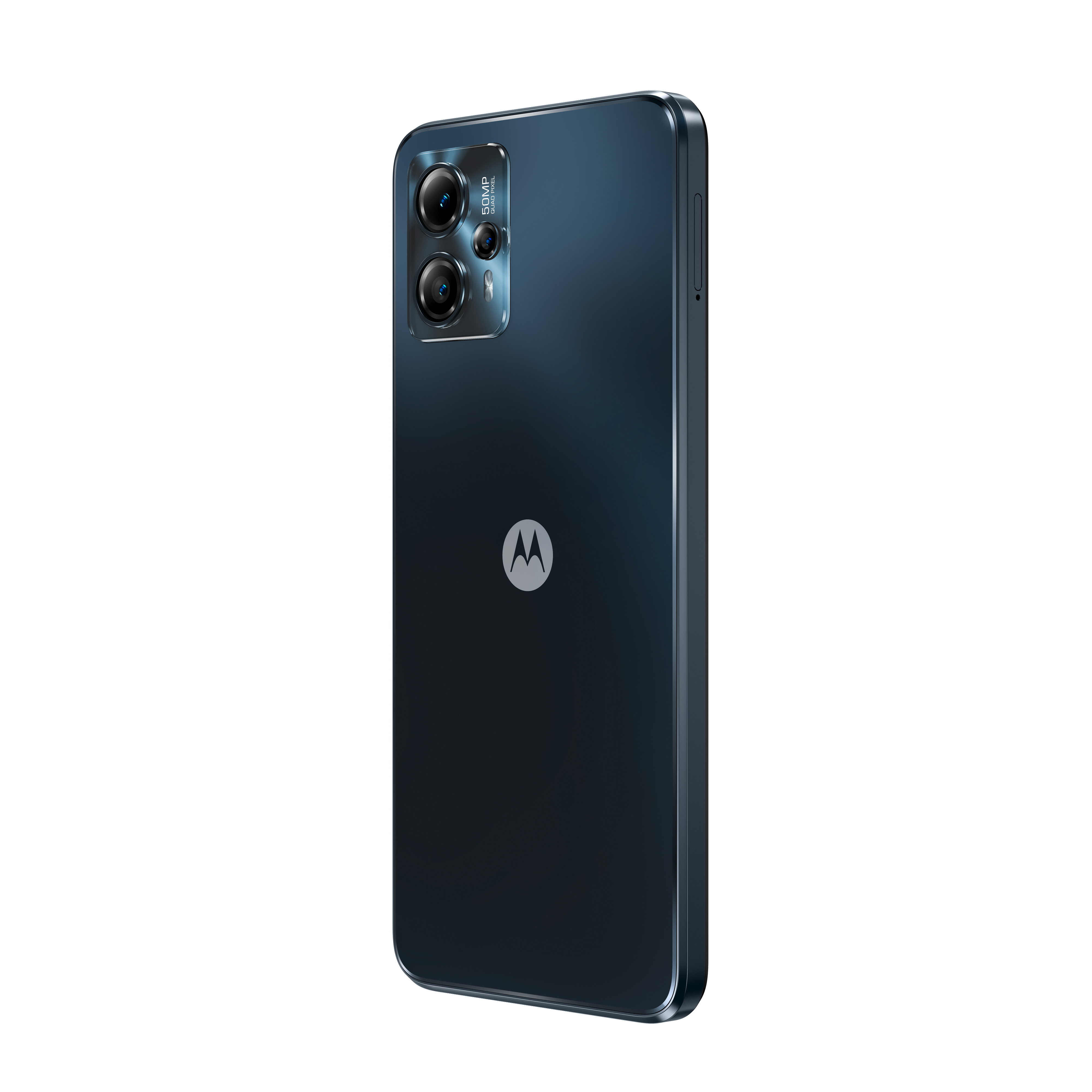 Schwarzes Motorola-Handy mit Dual-Objektiv-Kamera und Motorola-Logo auf der Rückseite.