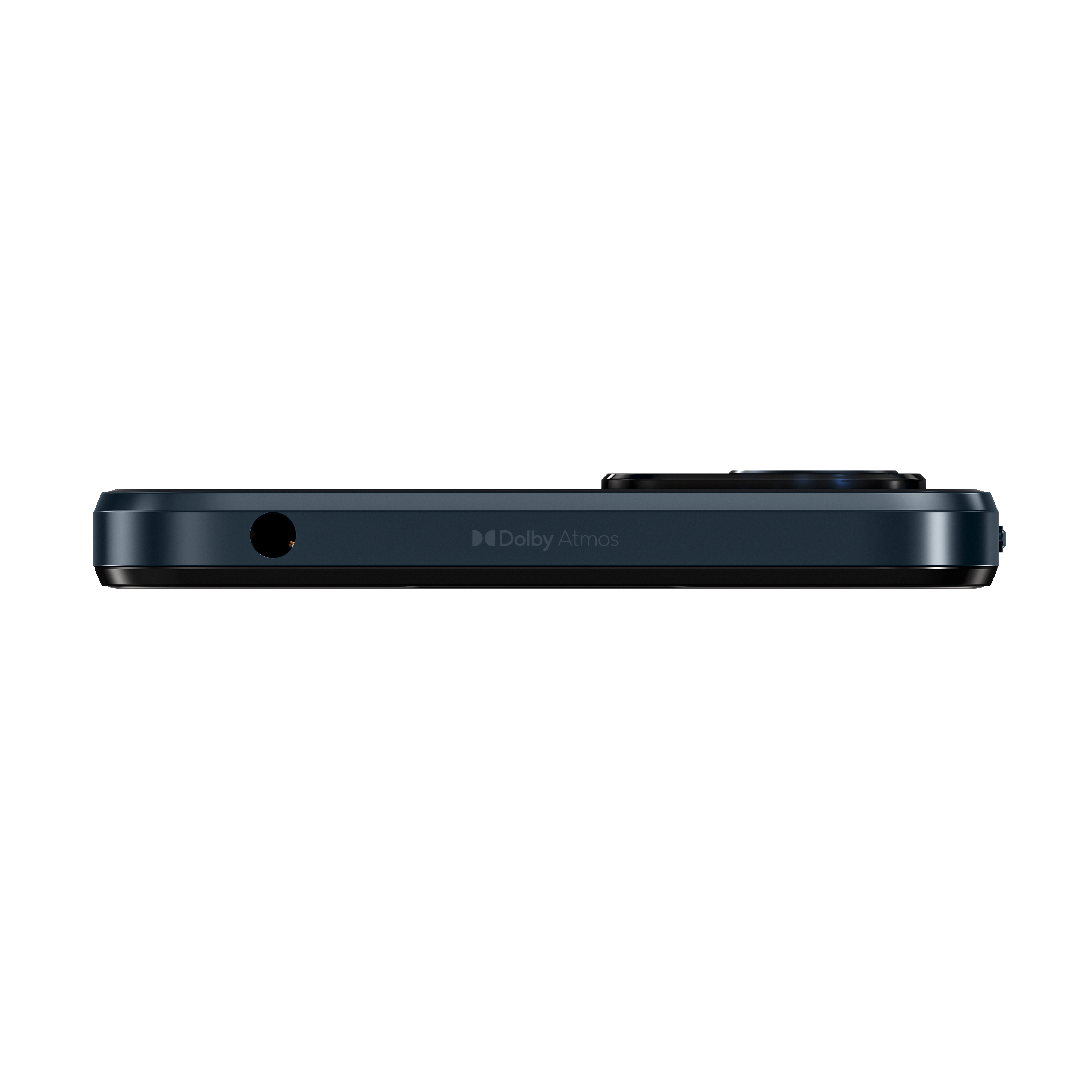 Seitenansicht eines dunkelblauen Smartphones mit Dolby Atmos Logo.