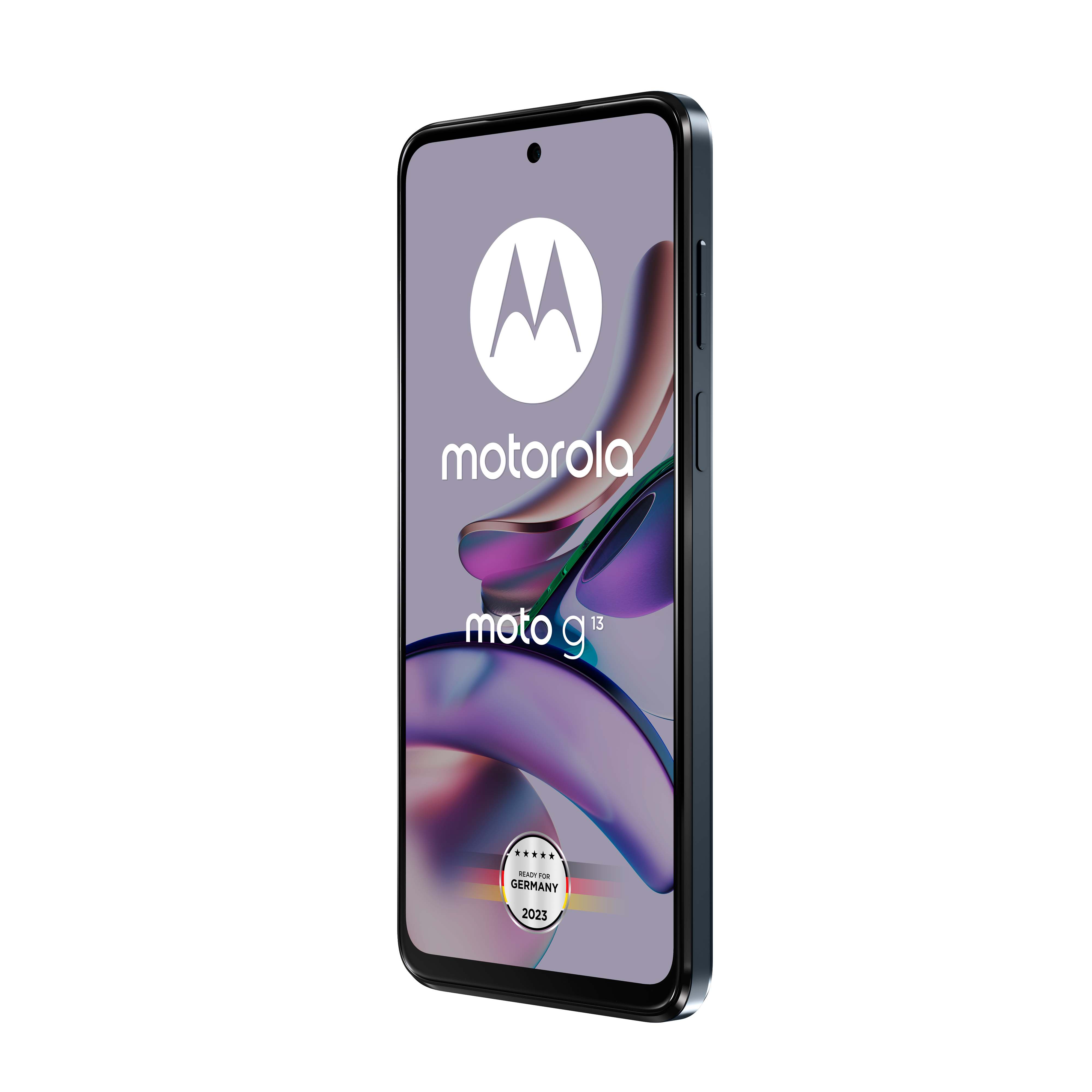 Ein schwarzes Motorola Moto g13 Telefon. Der Bildschirm zeigt das Motorola-Logo und den Namen des Telefons.