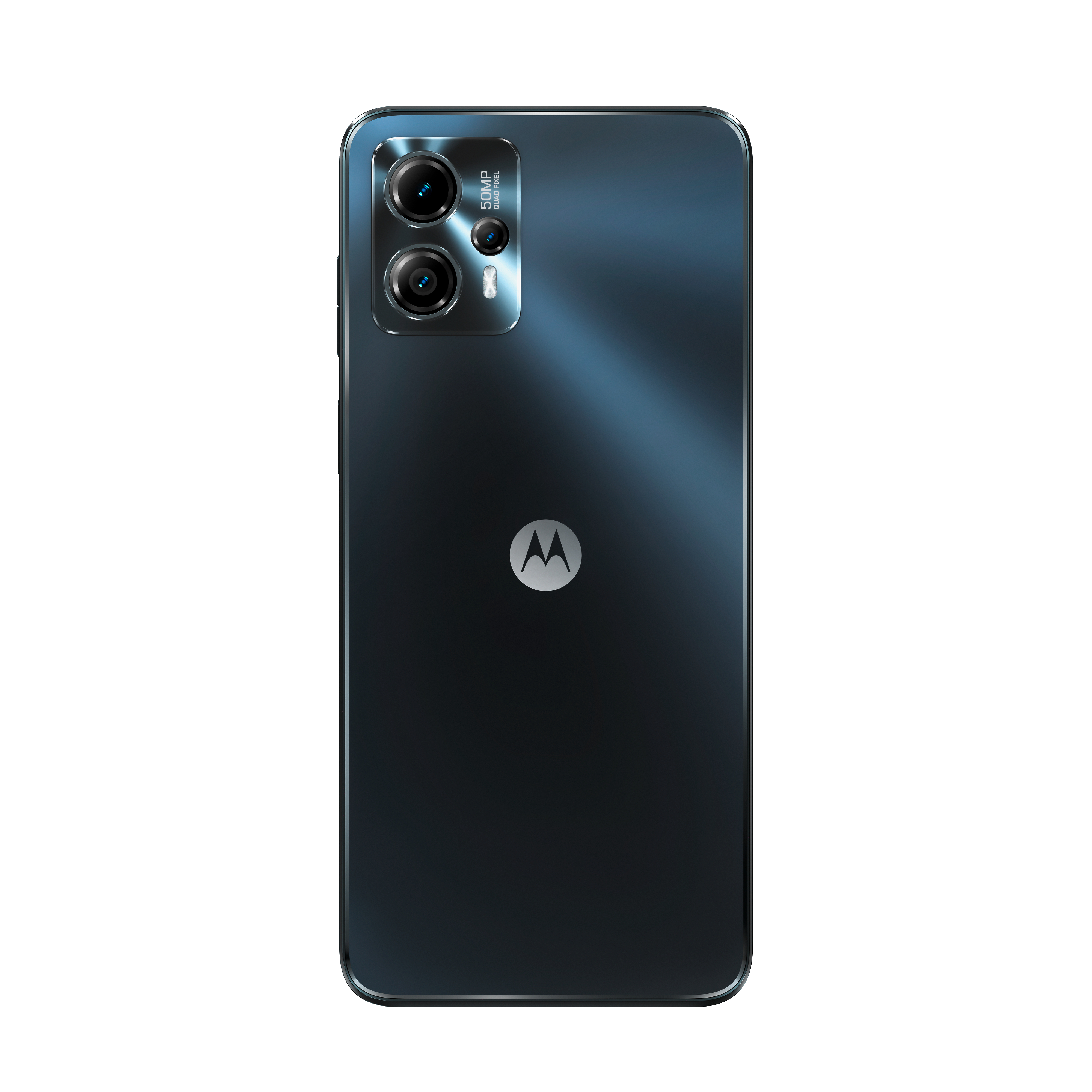 Ein schwarzes Smartphone mit glänzender Rückseite, Dual-Kameras und Motorola-Logo.