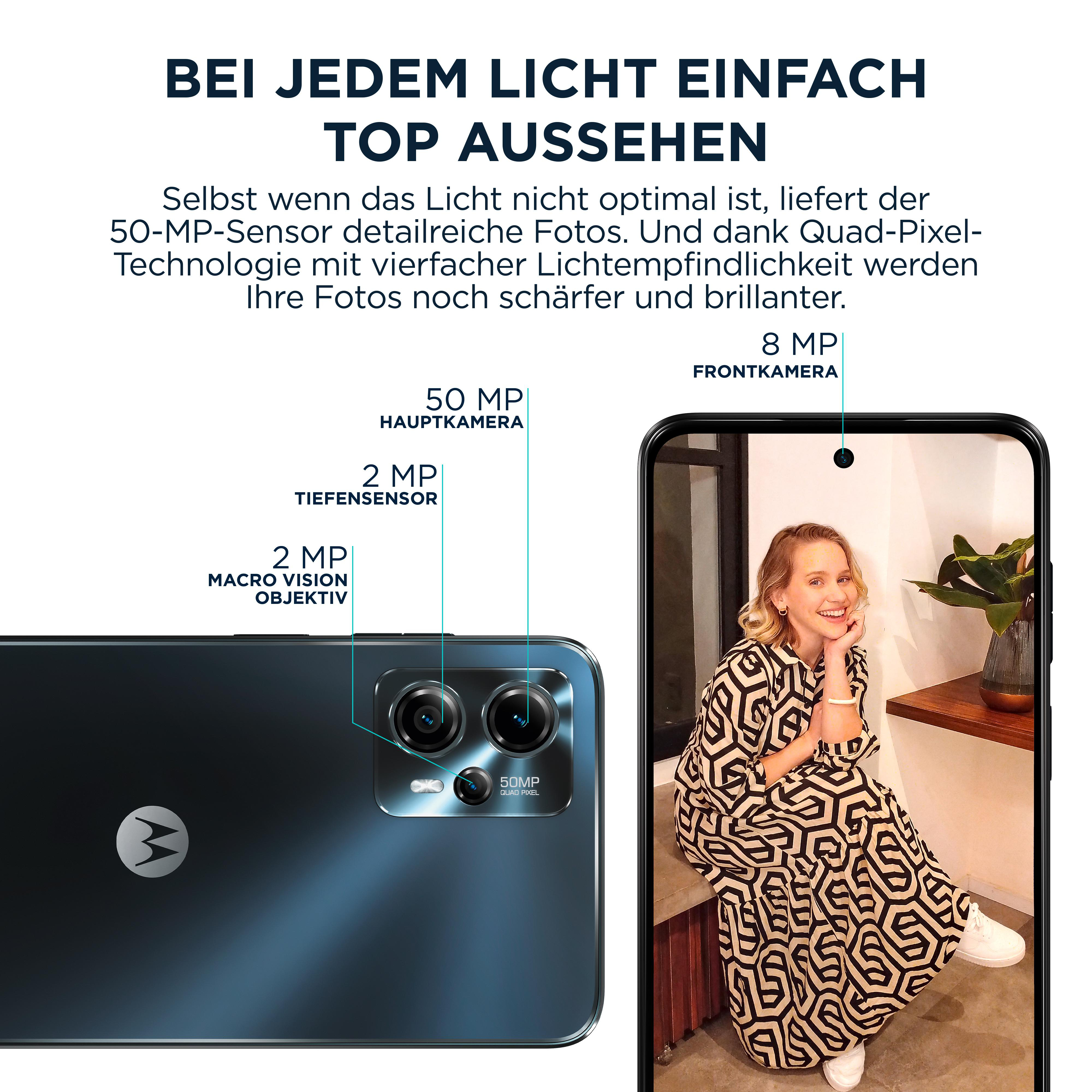 Ein Smartphone mit einer Frau, die es hält. Das Telefon zeigt die Kamerafunktionen: 50MP, 8MP Frontkamera.