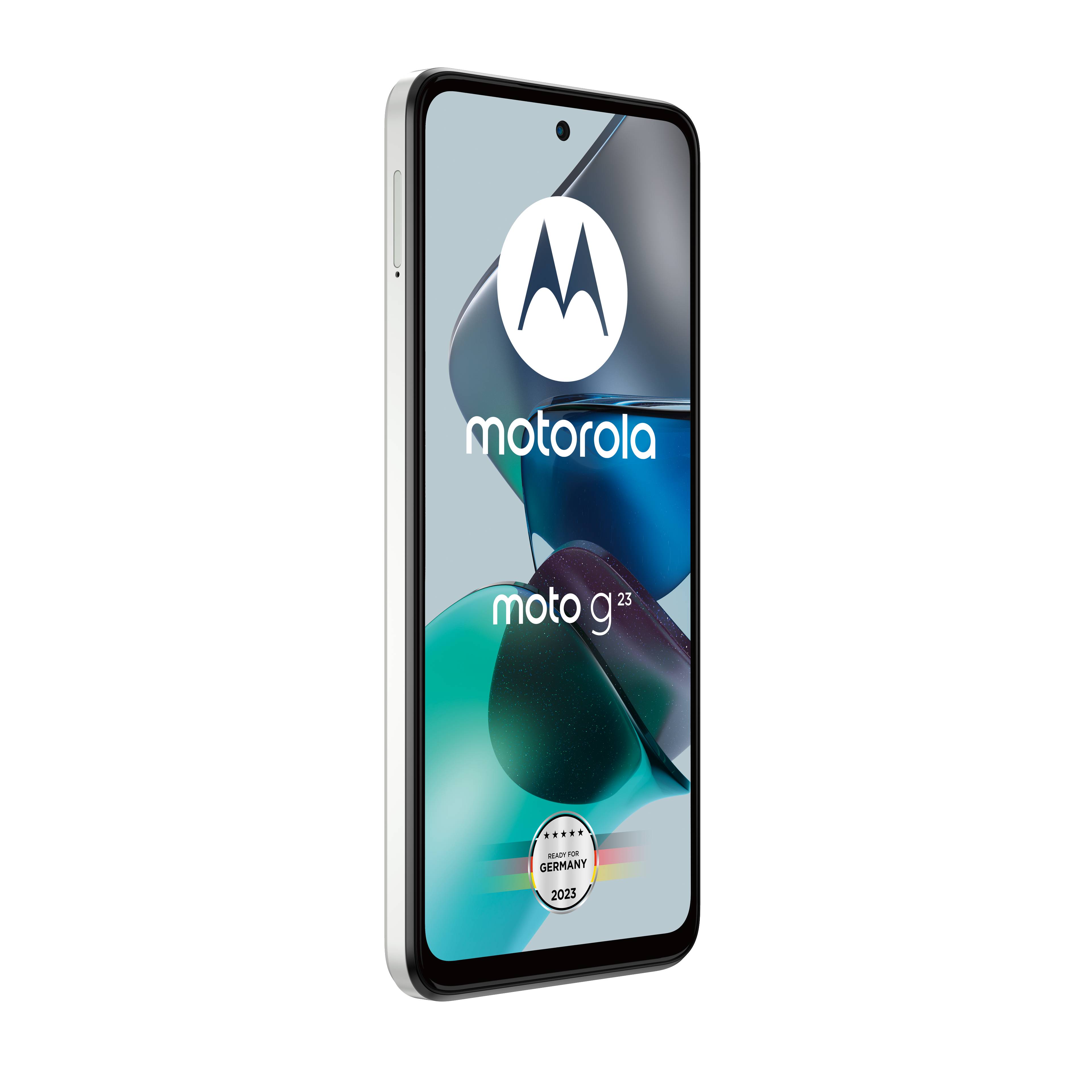Motorola Moto G23 Telefon, zeigt den Bildschirm mit Logo und Made in Germany Text.