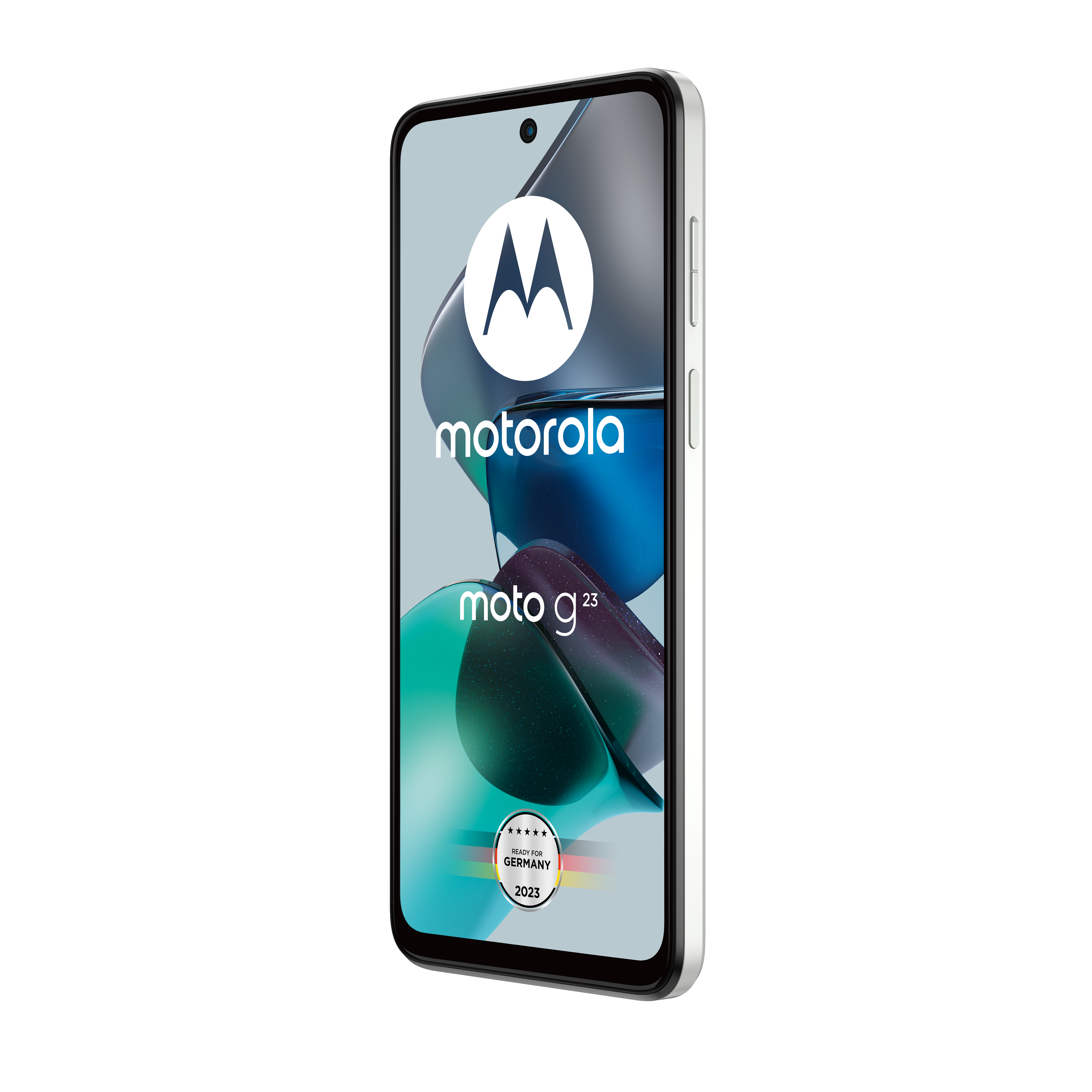 Ein Motorola Moto g23 Smartphone. Es ist silbern mit schwarzem Bildschirm. Der Bildschirm zeigt das Markenlogo.