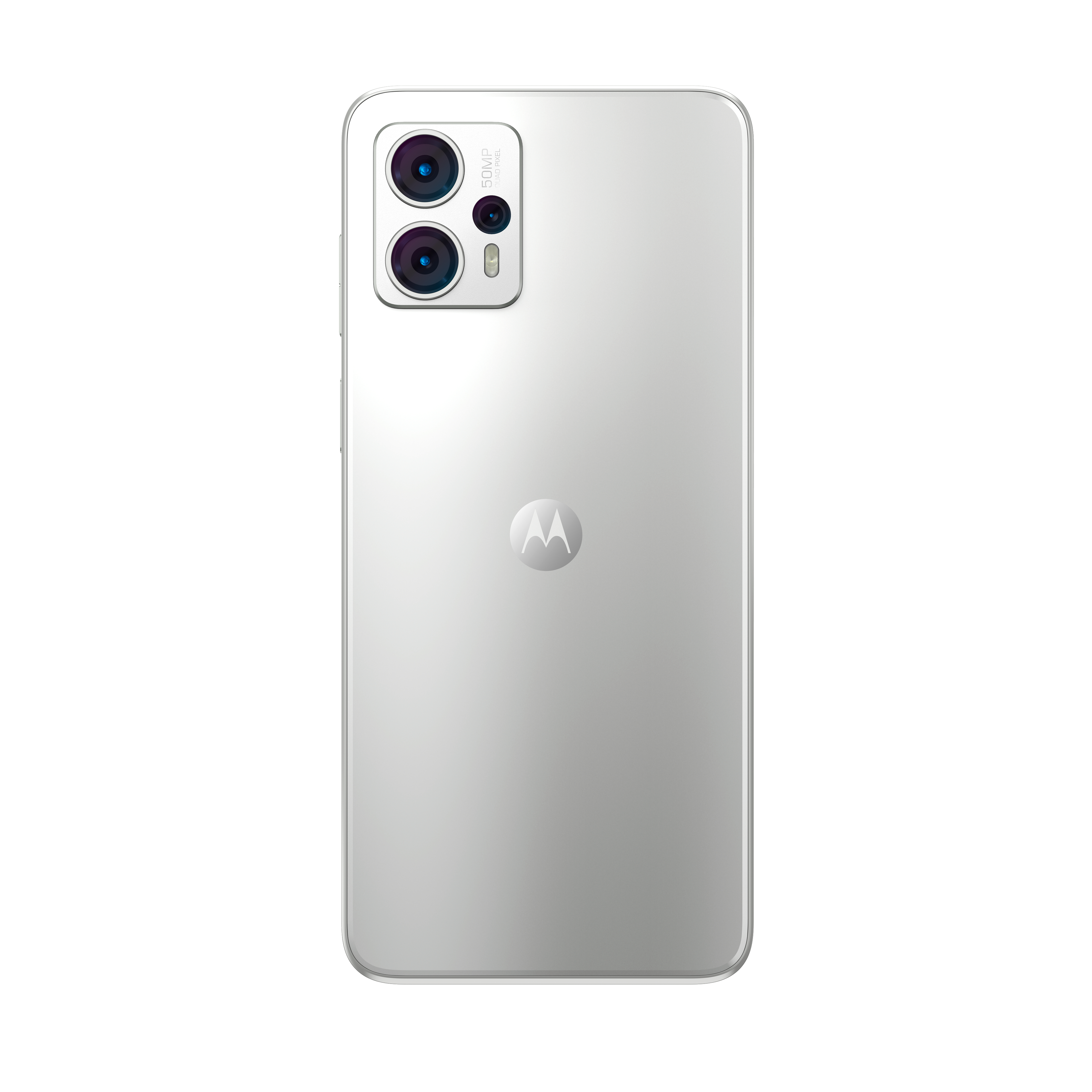 Rückseite eines silbernen Smartphones mit zwei Kameras und zentralem Logo.
