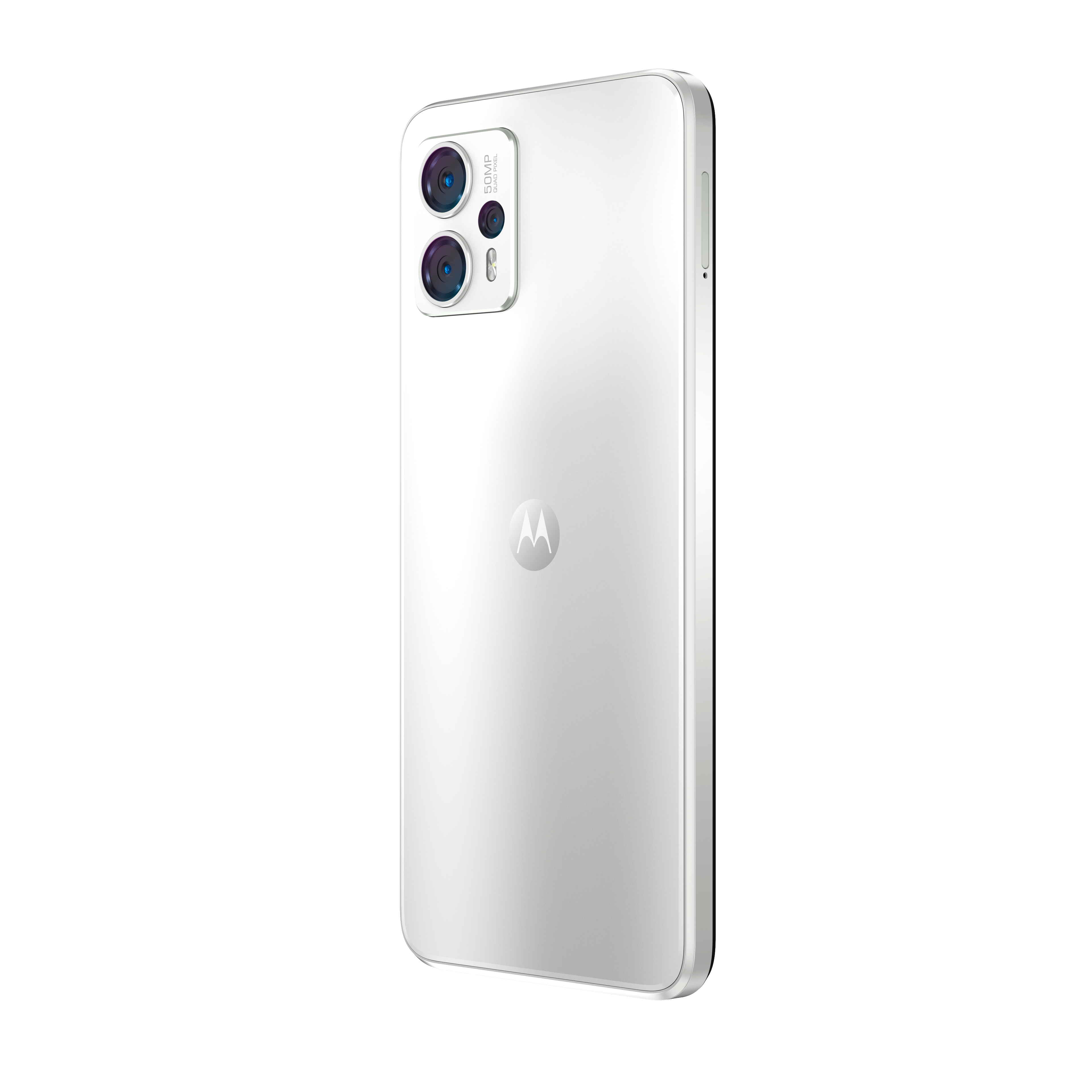 Weißes Smartphone mit Dreifach-Kamera-Setup.