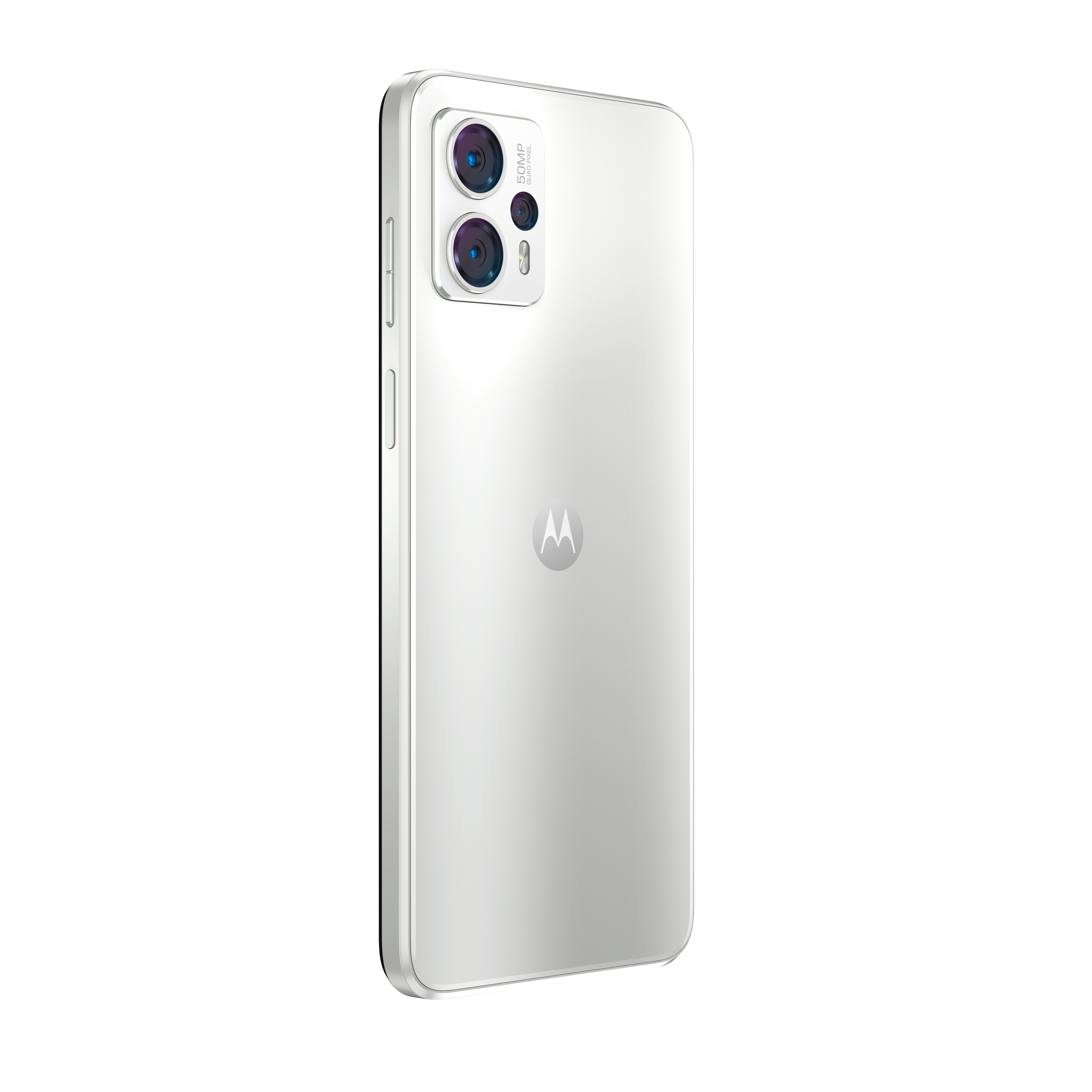 Weißes Motorola-Telefon, Rückansicht, mit Kameras und Logo.