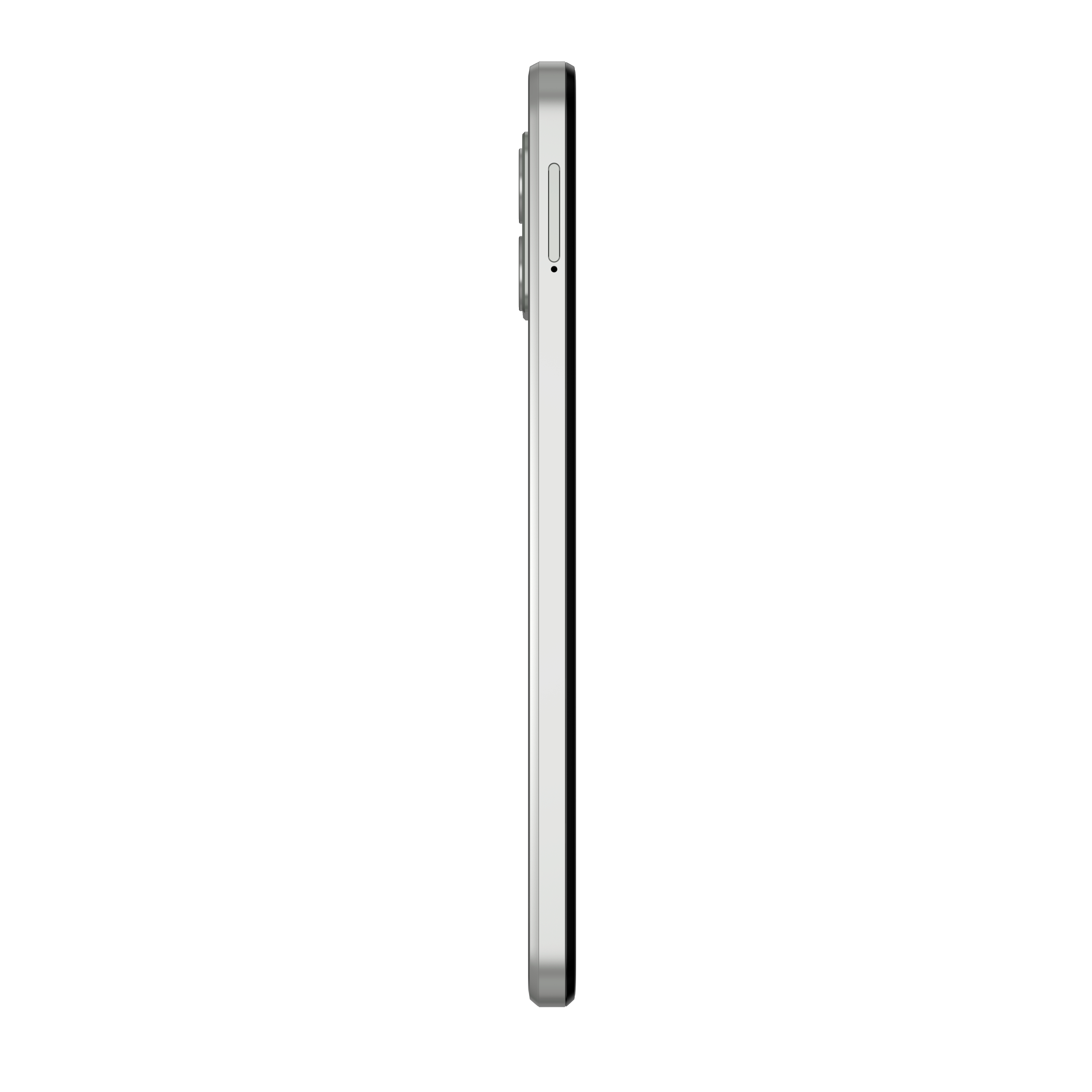 Seitenansicht eines silbernen Smartphones. Isoliert auf weißem Hintergrund.