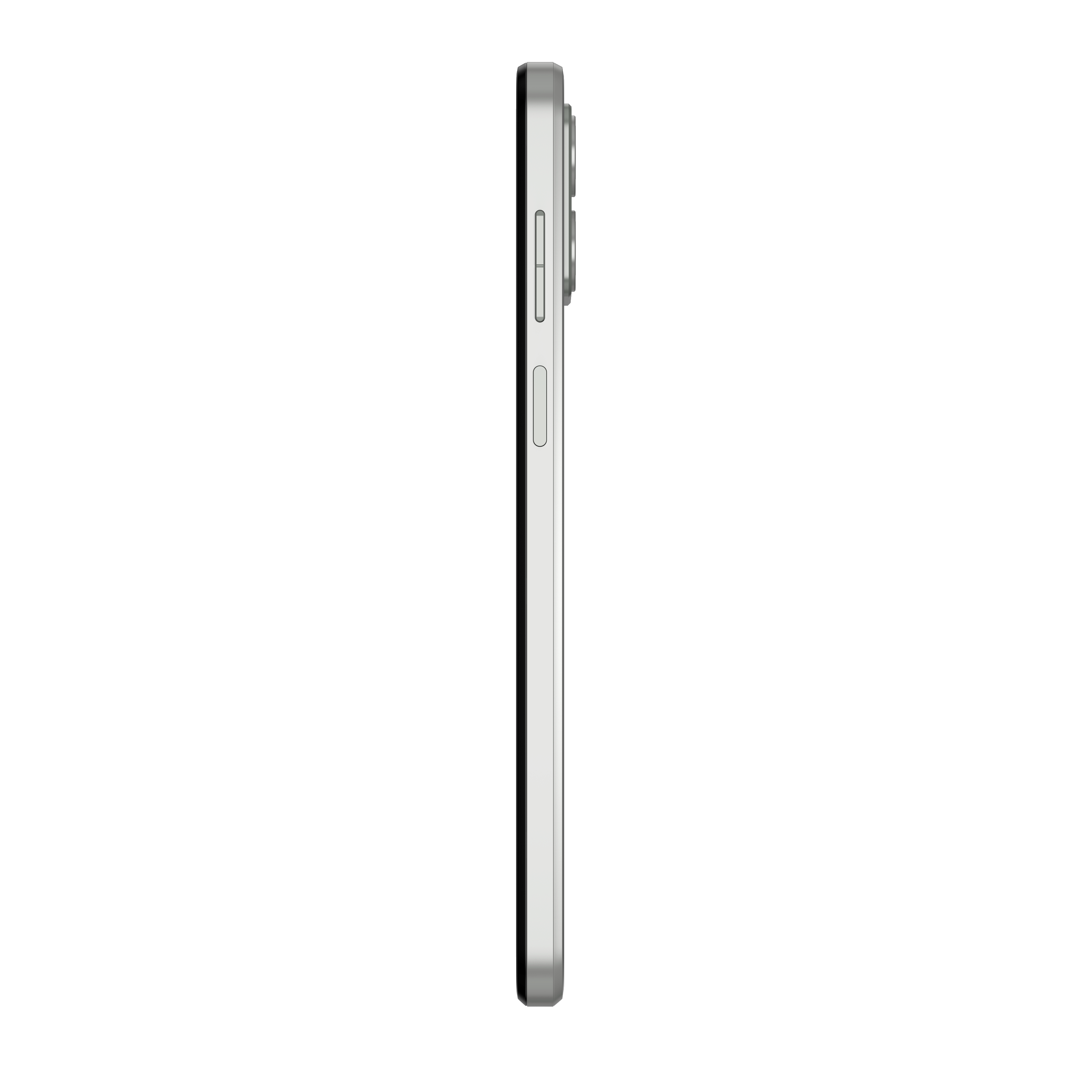 Seitenansicht eines Smartphones. Das Telefon ist silberfarben, mit Knöpfen und einer Kamera an der Seite.