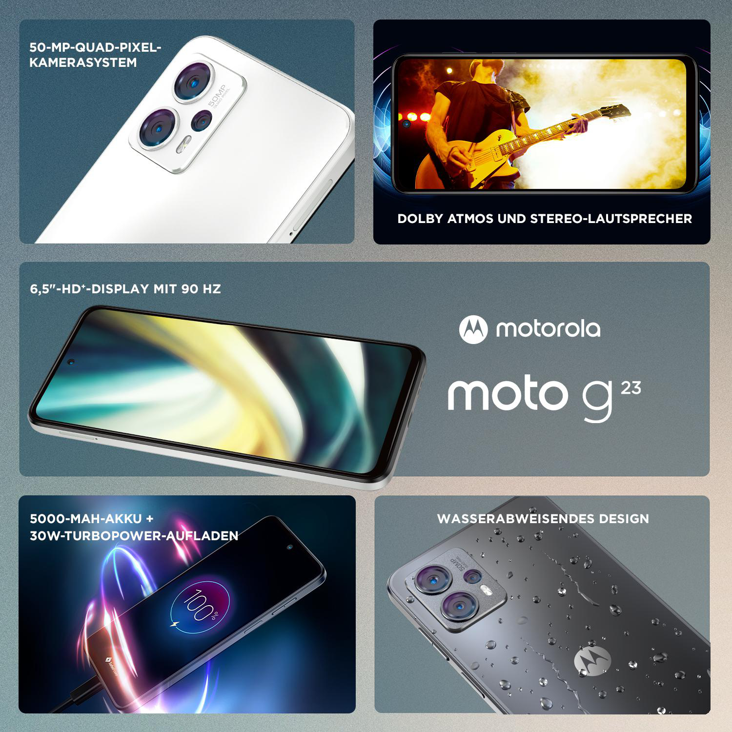 Collage der Motorola Moto G23 Smartphone-Funktionen: Kamera, Display, Akku, Design.
