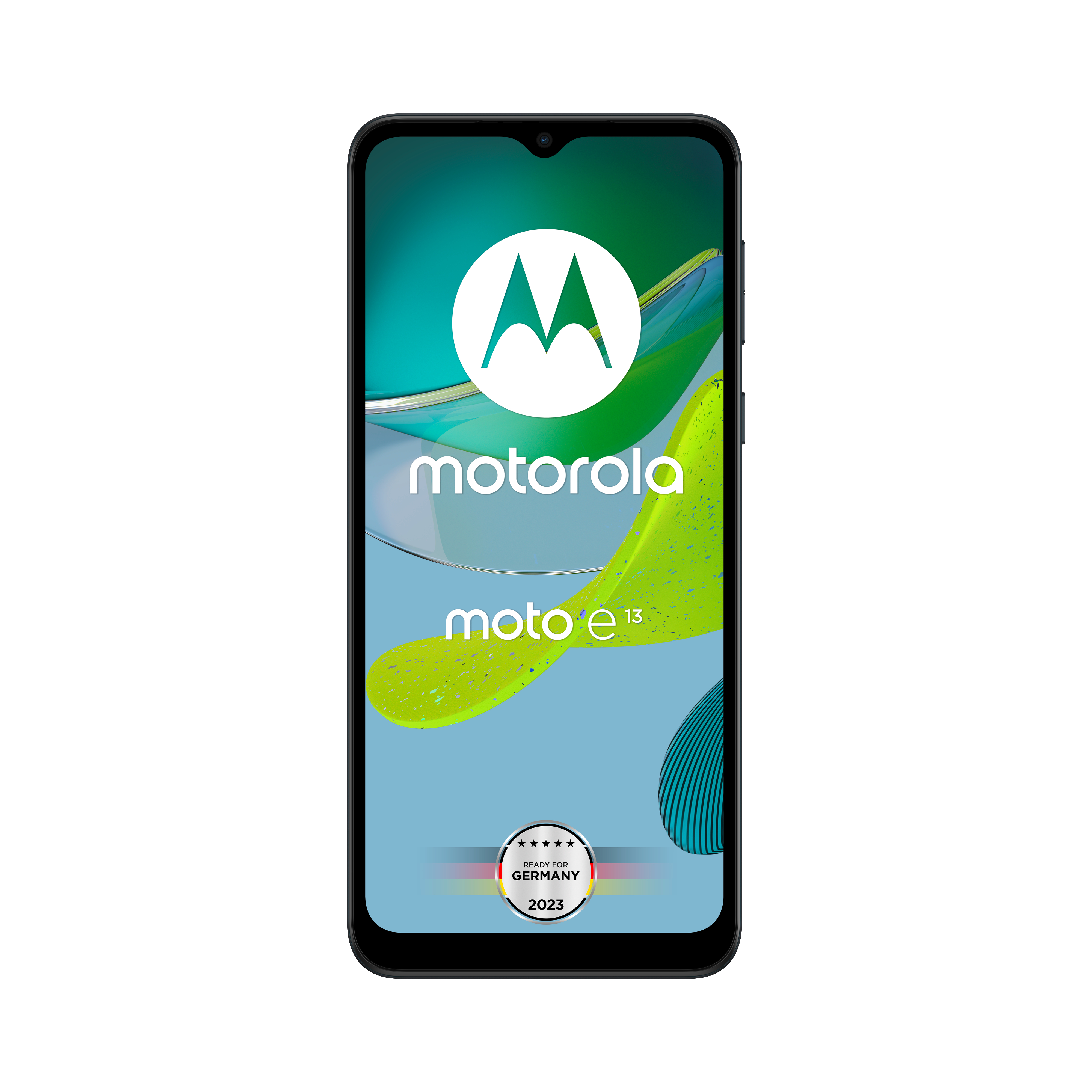 Motorola Moto e13 Telefon, zeigt den Bildschirm mit Logo und Made in Germany Text.