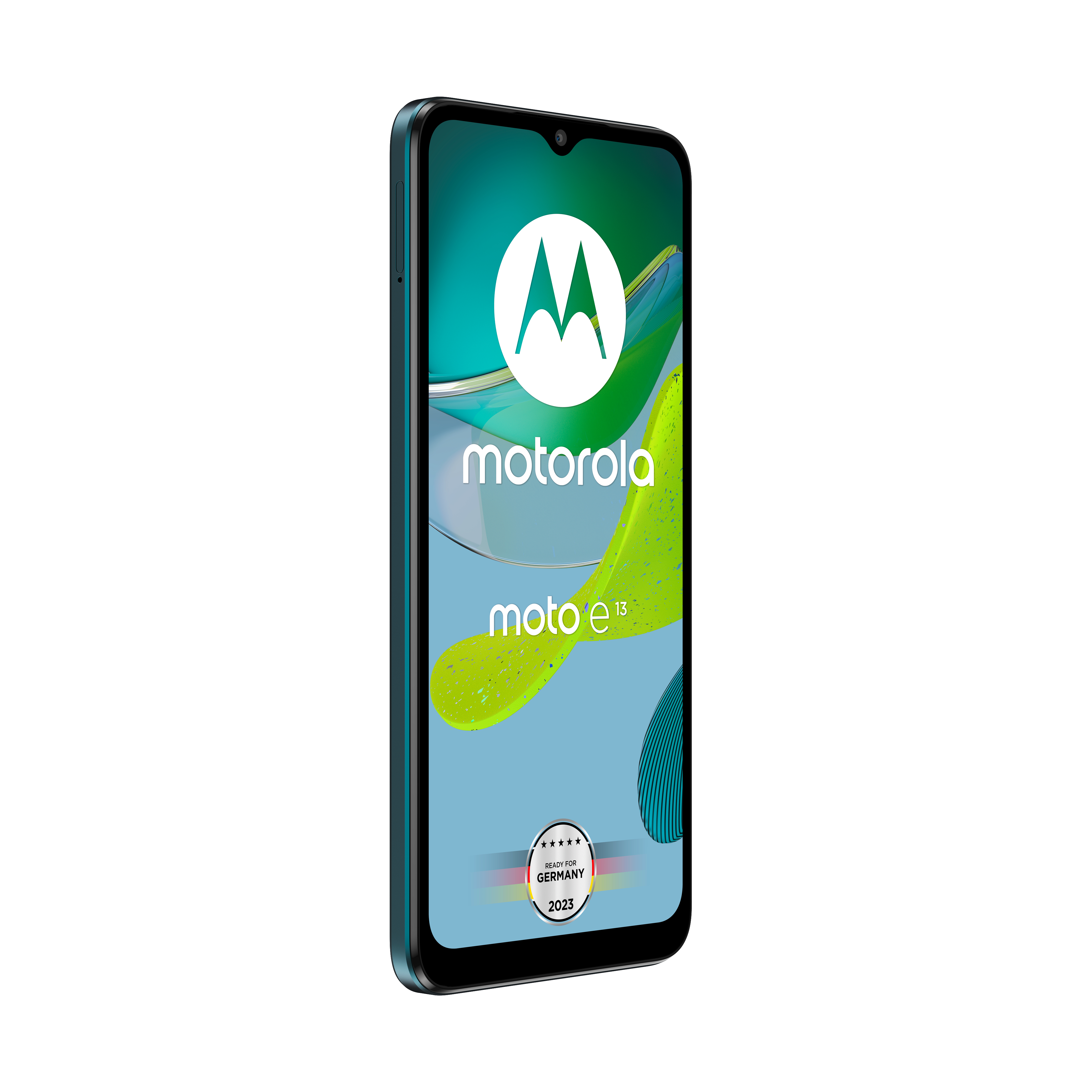 Ein Smartphone, ein Motorola Moto e13, wird mit dem Bildschirm nach vorne angezeigt.