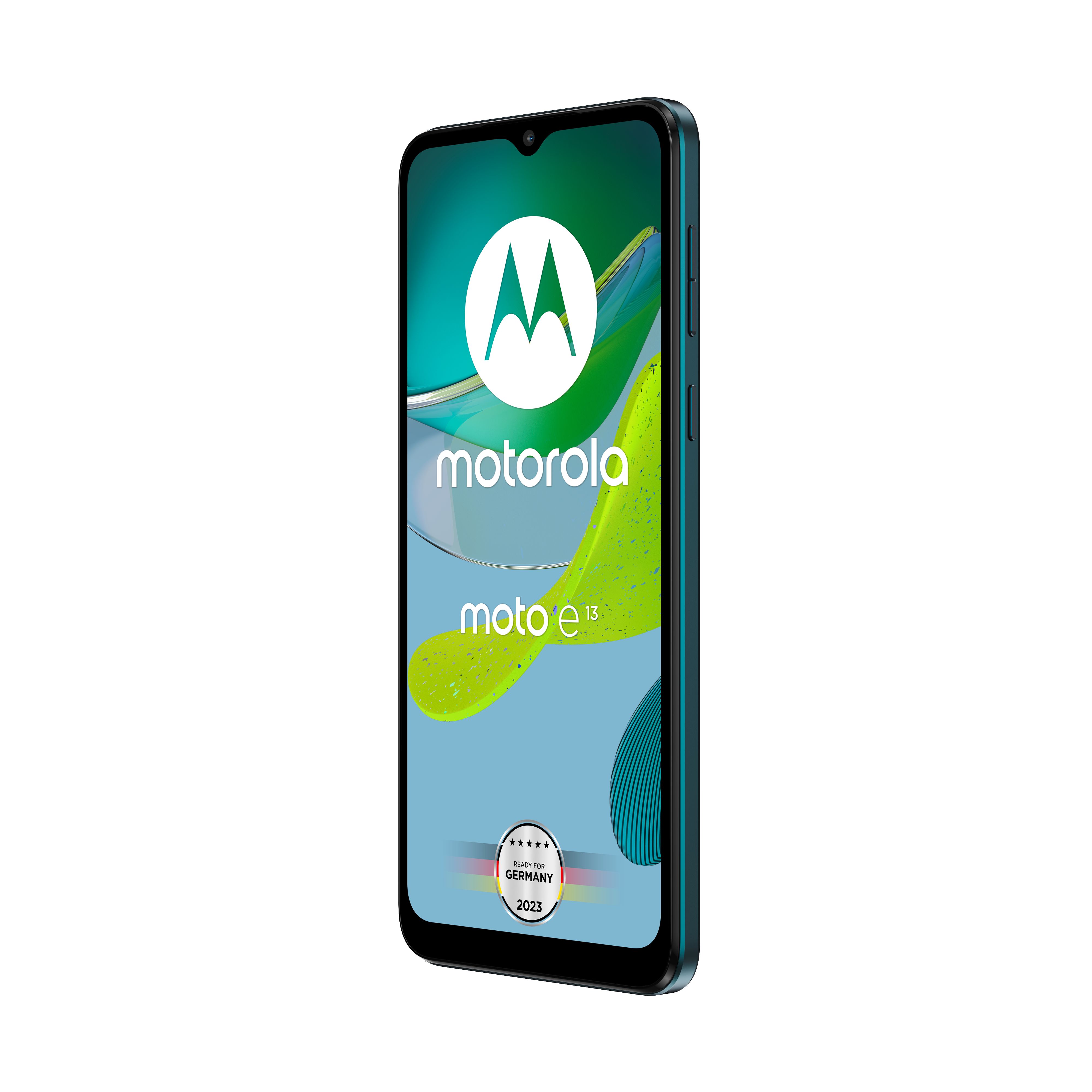 Blaues Motorola Moto e13 Telefon mit eingeschaltetem Bildschirm, Logo und Branding.