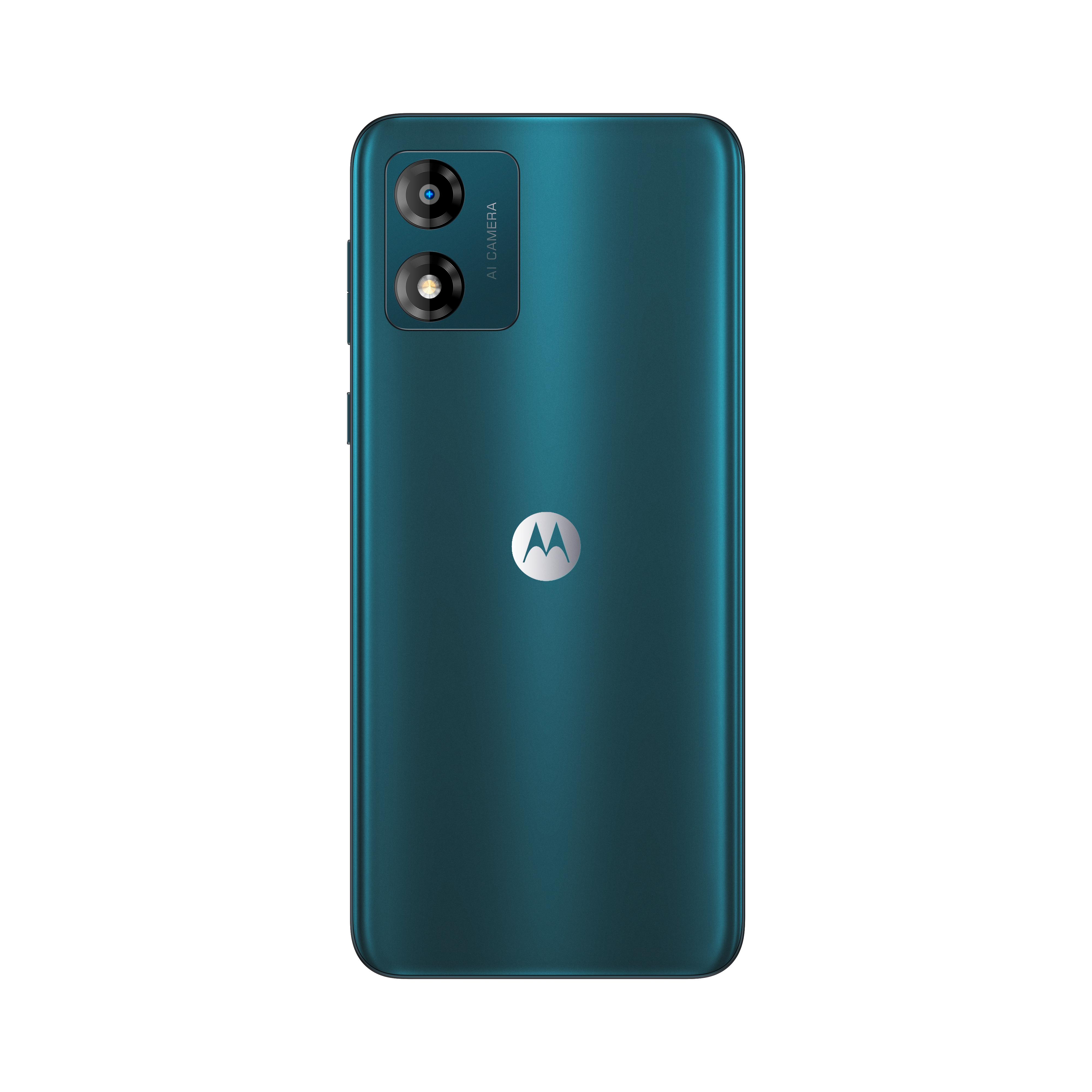 Die Rückseite eines türkisfarbenen Motorola-Smartphones mit Kamera, AI-Kamera-Label und Logo.