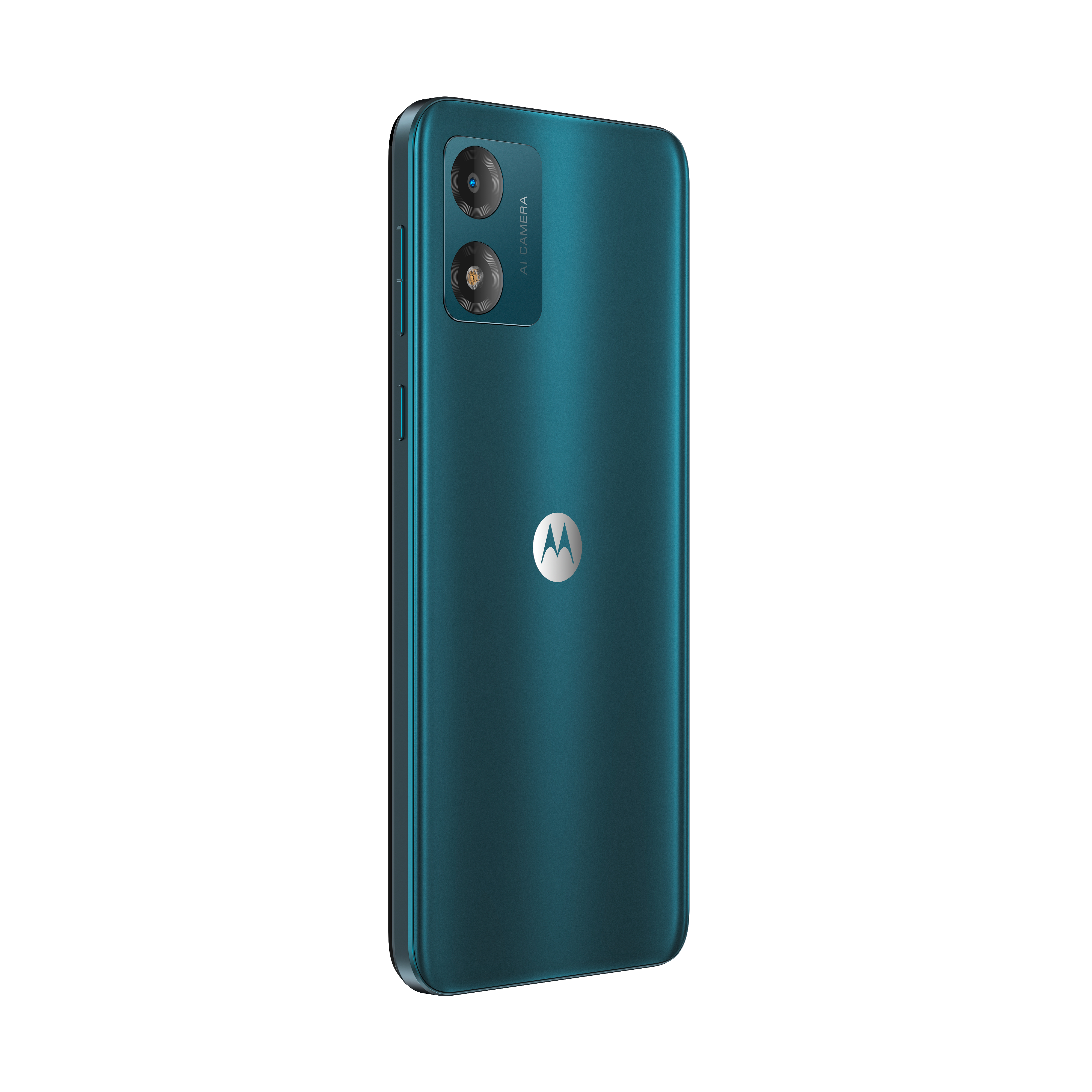 Grüne Telefonrückseite mit Kamera. Silbernes Motorola-Logo.