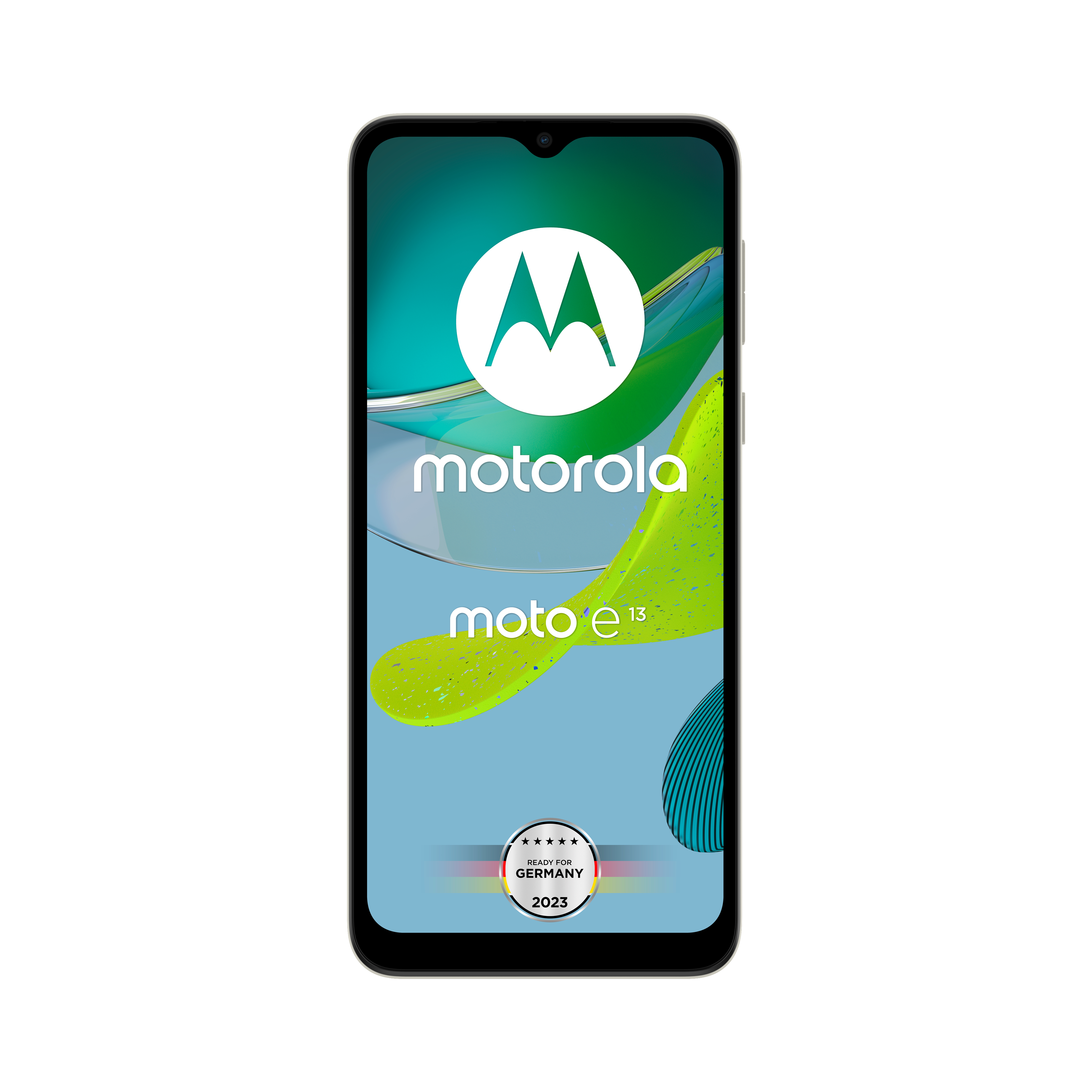 Motorola Moto e13 Smartphone vor weißem Hintergrund, mit deutscher Flaggen-Grafik.